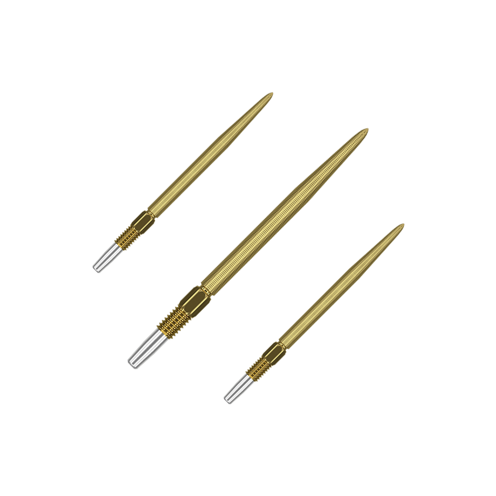 Target Swiss Point Nano Dart Tips - Oro Auf dem Bild sind drei goldfarbene Dartspitzen zu sehen. Sie haben eine feine Riffelung und ein silbernes Schraubgewinde am Ende.