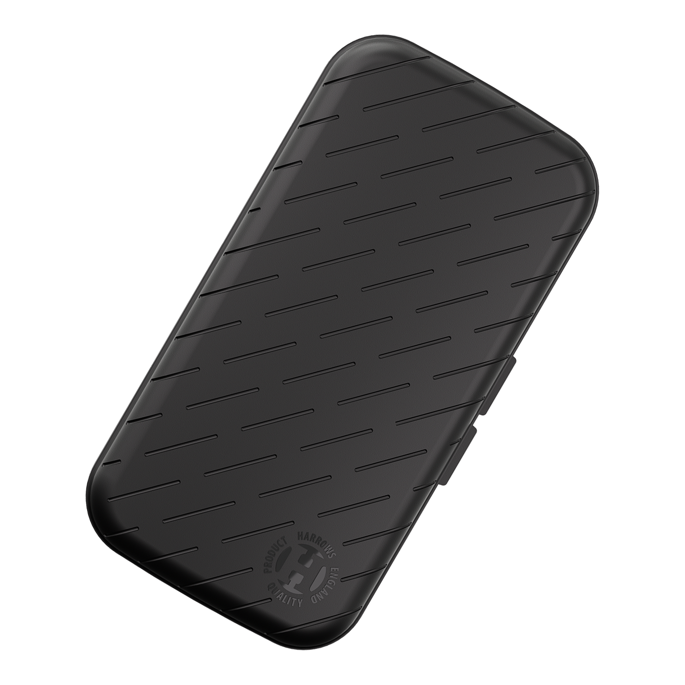 Custodia per freccette Harrows Slimcase Dies ist ein schlankes, schwarzes Etui mit schrägen Linien auf der Oberfläche. In der Ecke befindet sich ein rundes Harrows-Logo.