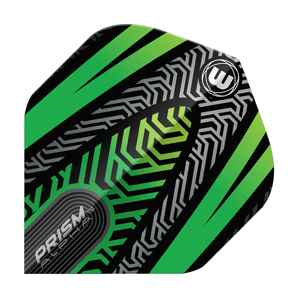 Voli standard Winmau Prism Alpha Black Green No. 2 Ein einzelner Winmau Prism Alpha Schwarz No2 Standard Flight wird präsentiert. Konturen und Details sind klar zu erkennen.