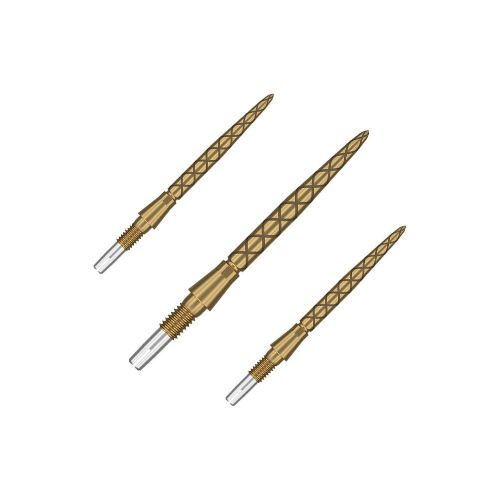 Punte per freccette Target Swiss Storm Diamond Point - Oro Das Bild zeigt drei goldene Dartspitzen mit einem Rautenmuster. Die Spitzen haben einen silbernen, metallischen Bereich zum Einschrauben.