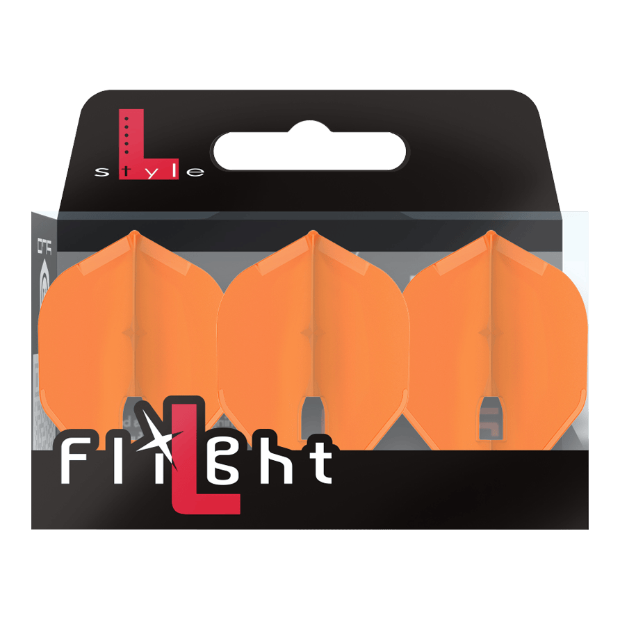 Alette stile L Champagne - L1PRO Standard Auf dem Bild ist eine Packung mit drei orangefarbenen Dart-Flights zu sehen. Die Verpackung trägt die Aufschrift „L-Style Flight“.