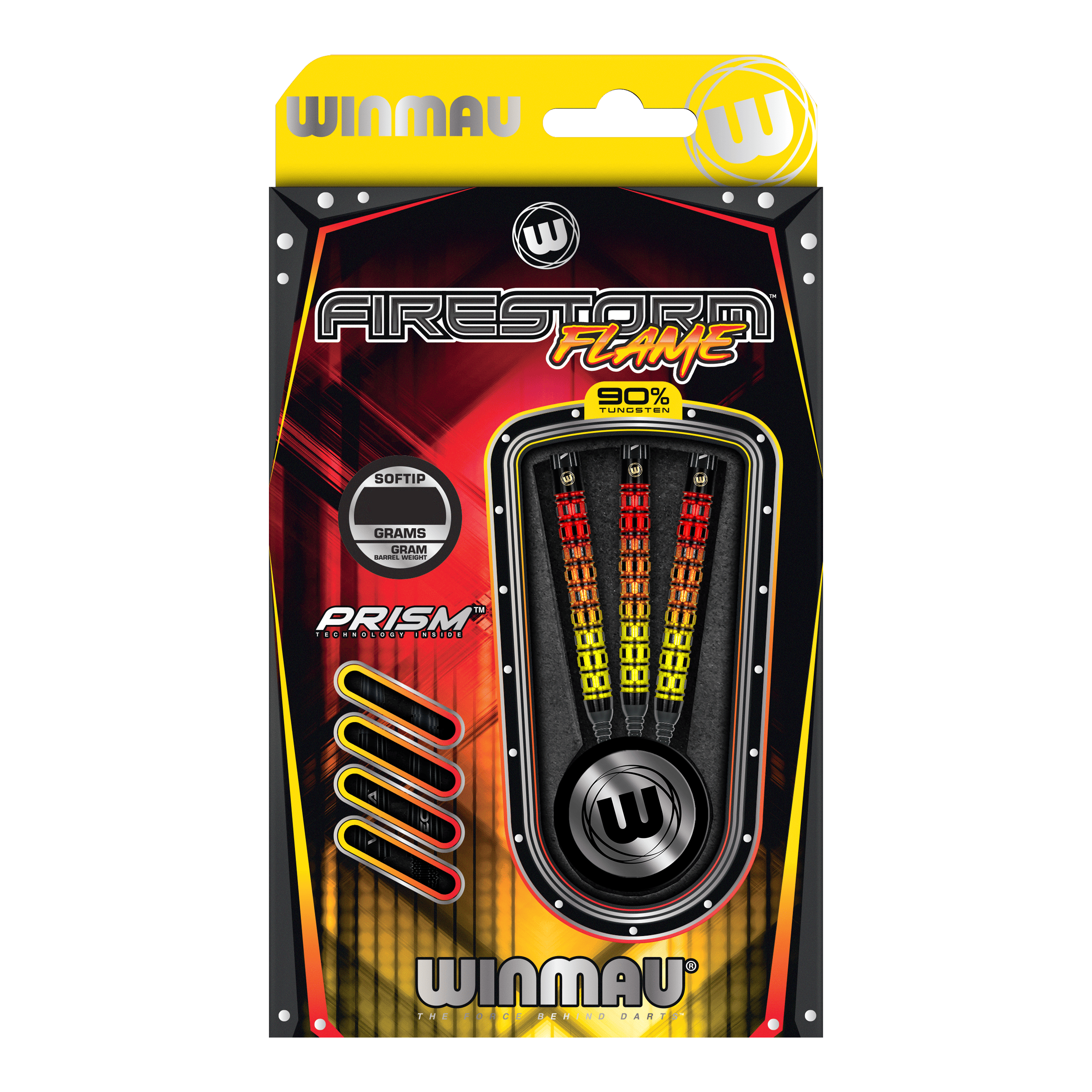 Freccette morbide parallele Winmau Firestorm Flame - 20 g Das Bild zeigt eine Verpackung der "Winmau Firestorm Flame Parallel Softdarts - 20g". In der Packung befinden sich drei farbenfrohe Softdarts mit 90% Tungsten-Anteil.