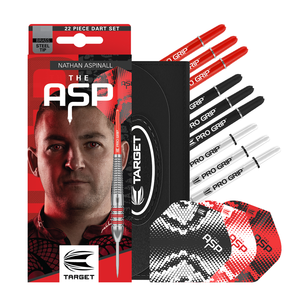 Zu sehen sind die Target Nathan Aspinall Brass Steeldarts mit 22 Gramm Gewicht. Diese Darts sind ideal für präzises Steeldart-Spiel.