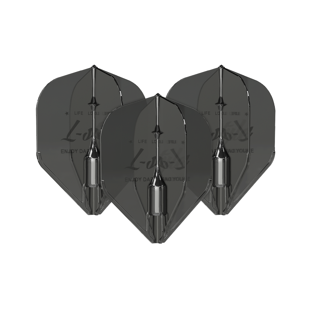Alette Fantom L1EZ stile L nere Das Bild zeigt drei schwarze L-Style Fantom L1EZ Flights für Darts. Die Flights sind nebeneinander angeordnet und verfügen über ein glänzendes, modernes Design.