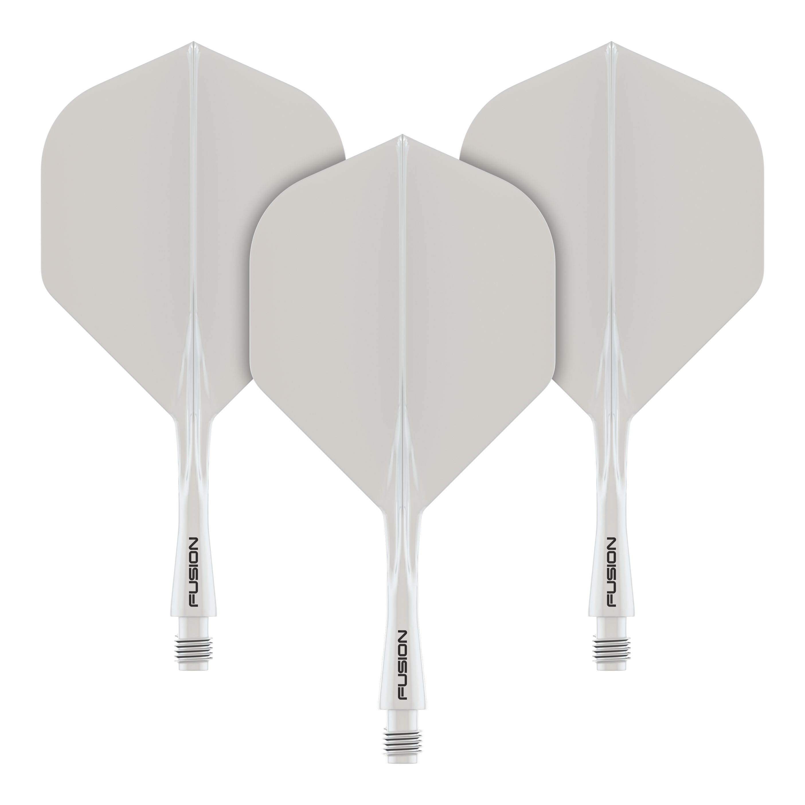Sistema di alberi di volo Winmau Fusion standard bianco Das Bild zeigt drei weiße Dartflights mit integrierten Schäften. Auf den Schäften steht das Wort „FUSION“.