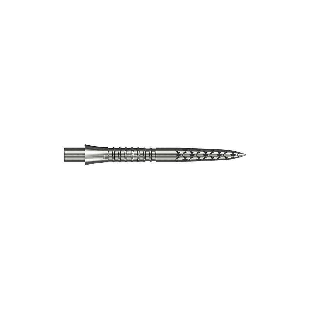 Punte per freccette Mission Caliburn EVO con logo GV - argento Abgebildet ist ein Steeldartspitze in silberner Farbe mit einer Länge von 26 mm. Das Bild stammt von der Datei M002127_Missoin_Caliburn_EVO_GV-Logo_Steeldartspitzen_Silber_26mm_2.