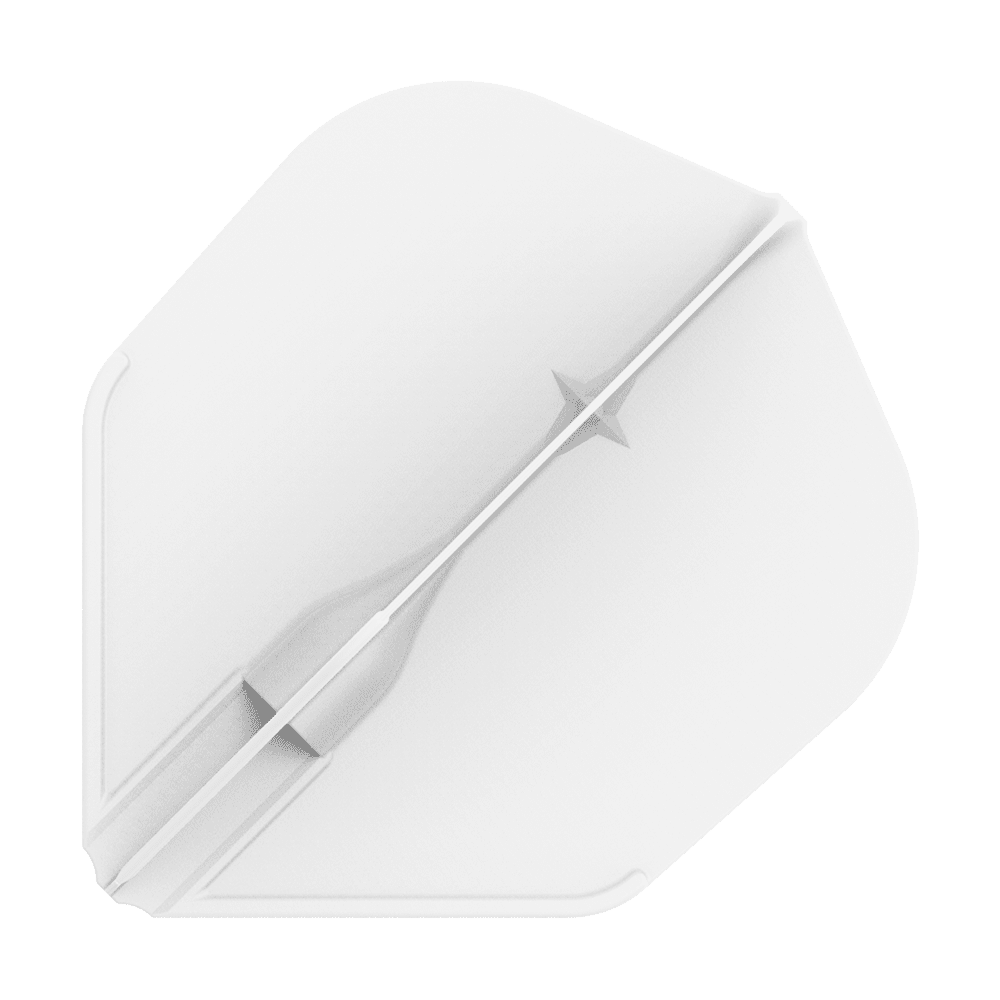 Voli L-L-Style3EZ Das Bild zeigt ein weißes Dartflight in einer einfachen, geometrischen Form. In der Mitte verläuft ein feiner, strukturierter Streifen mit einem kleinen Sternmotiv.