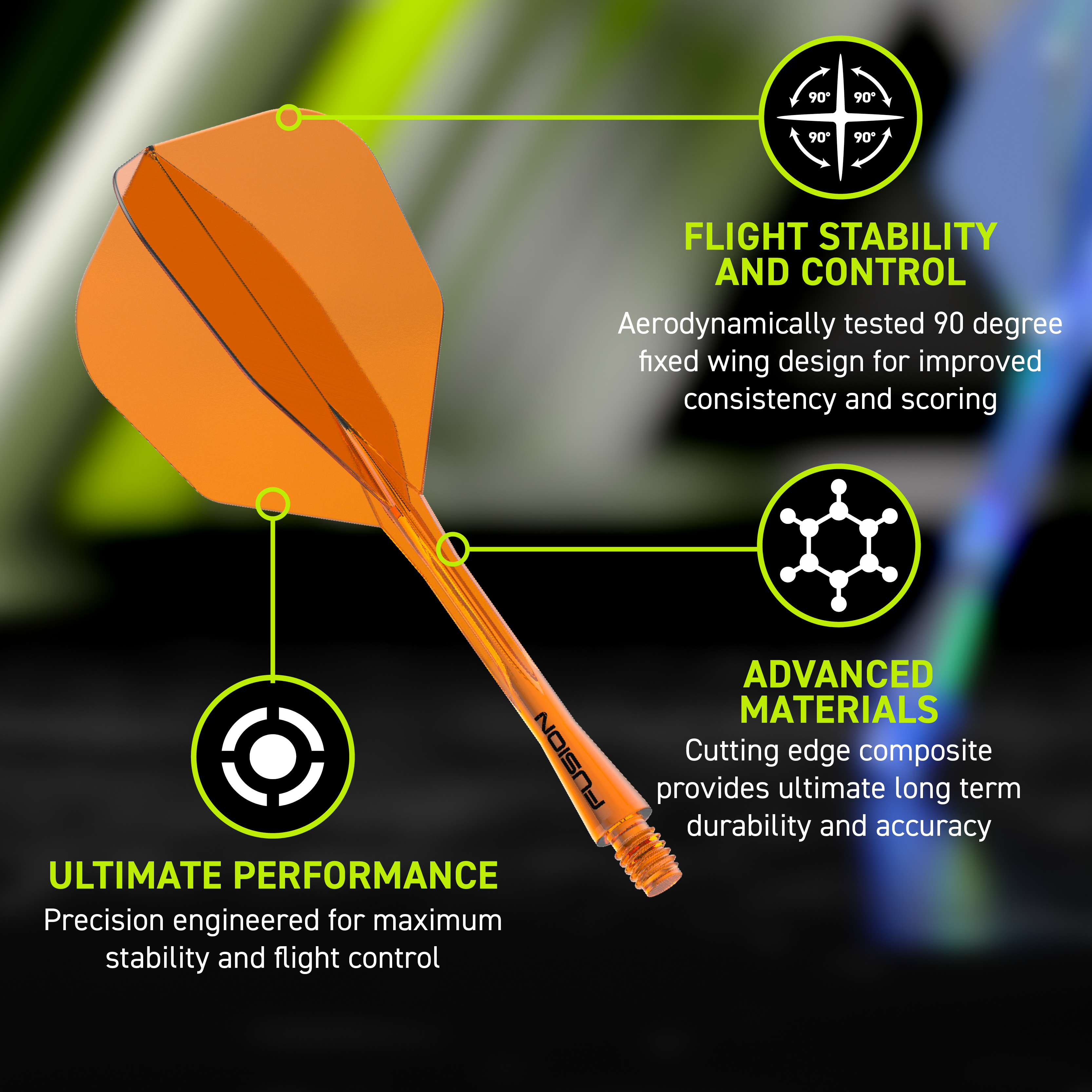 Sistema di alberi di volo a fusione Winmau n. 6 arancione neon Abgebildet ist das Winmau Fusion Flight-Shaft-System No6 Neon Orange. Dieses Dartzubehör verbindet Flight und Shaft in einem Teil.