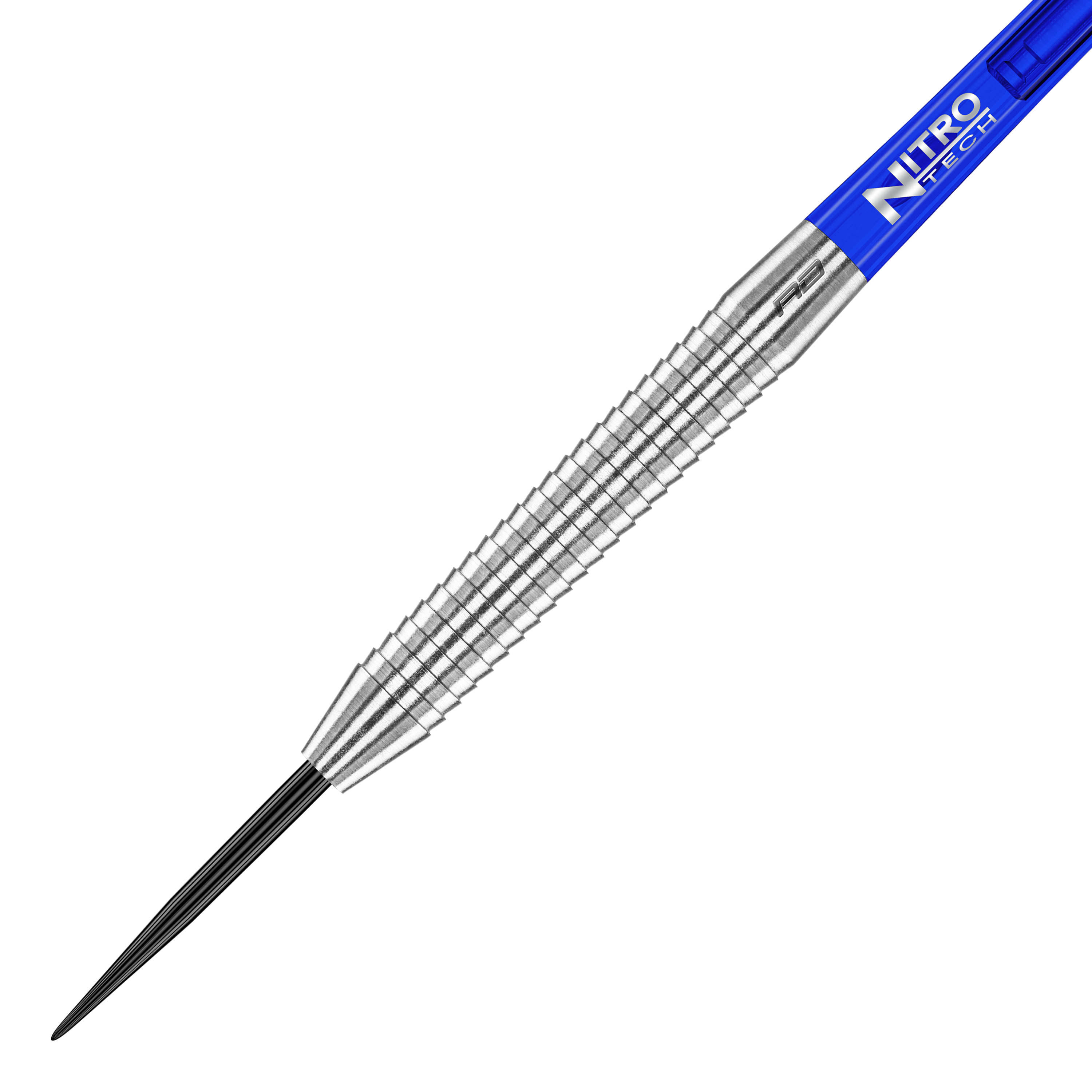 Freccette in acciaio originali Red Dragon Razor Edge Das Bild zeigt einen Red Dragon Razor Edge Original Steeldart mit einem Gewicht von 24g. Der Dart hat einen silbernen, geriffelten Schaft und ein blaues Flight-Element.