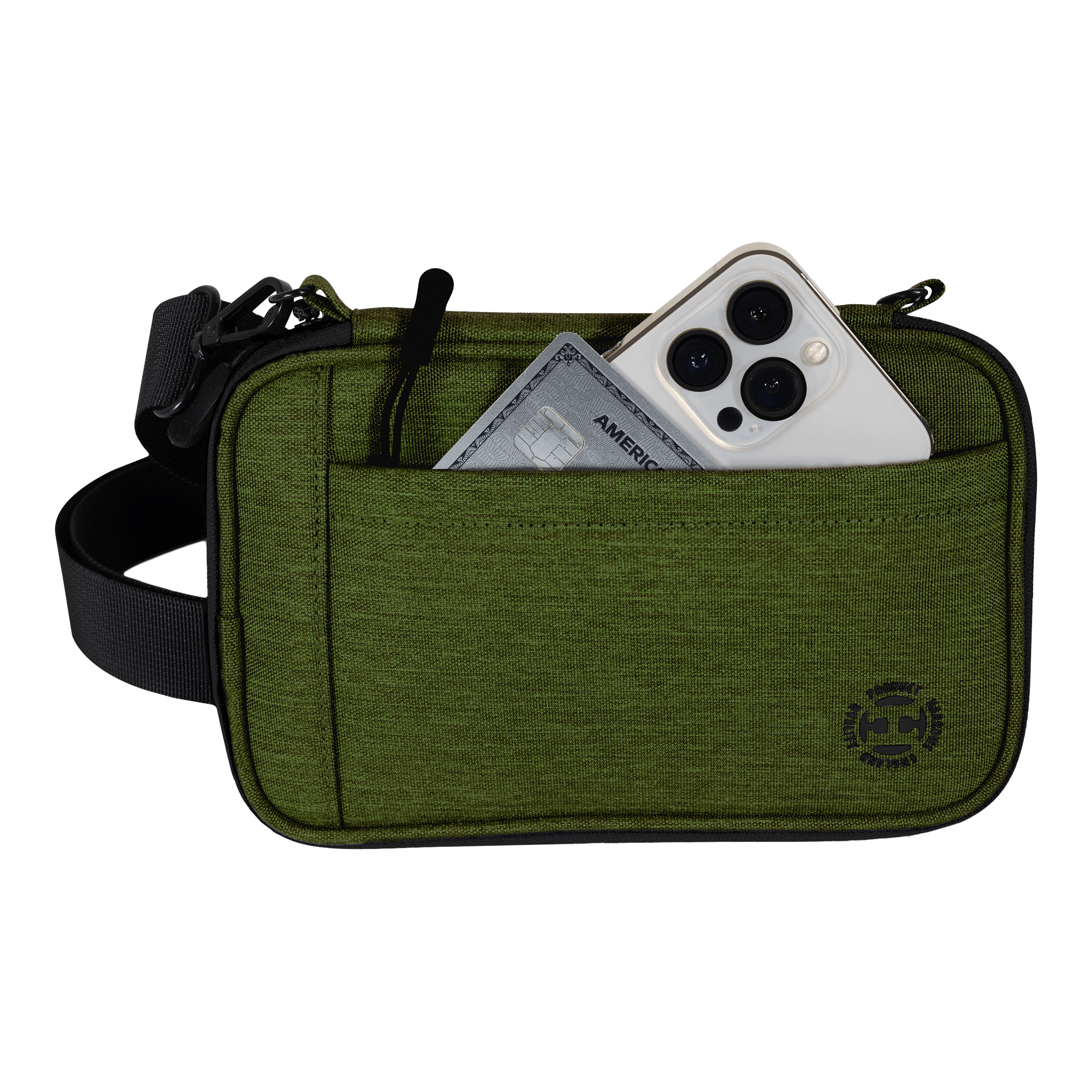 Portafoglio per freccette Harrows Smart Case XL Die Abbildung zeigt eine grüne Tasche mit einem Schultergurt. In der Fronttasche stecken ein Smartphone und eine Kreditkarte.