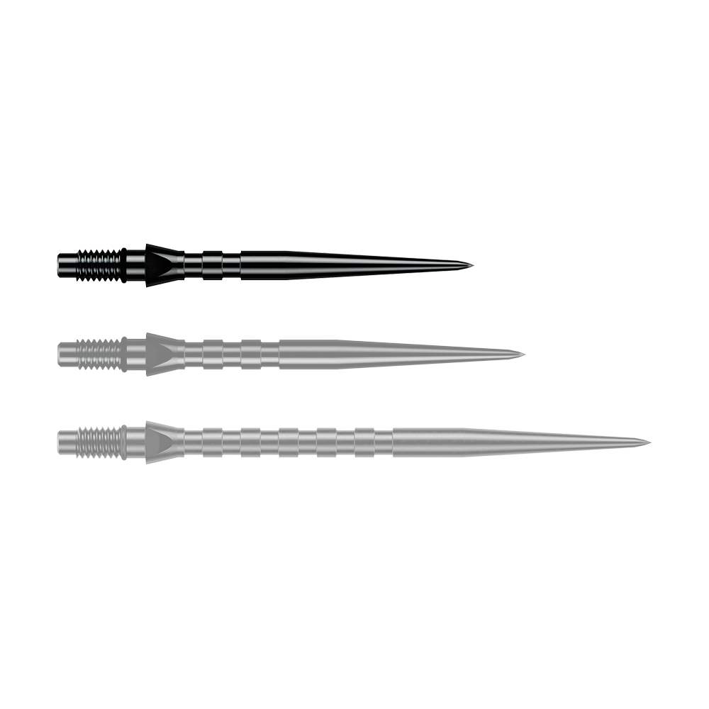 Punte per freccette in acciaio Winmau Switch Point Groove - Nero Abgebildet ist eine einzelne schwarze Winmau Switch Point Groove Steeldartspitze, 26 mm lang. Sie eignet sich zum Austausch von Steeldartspitzen.