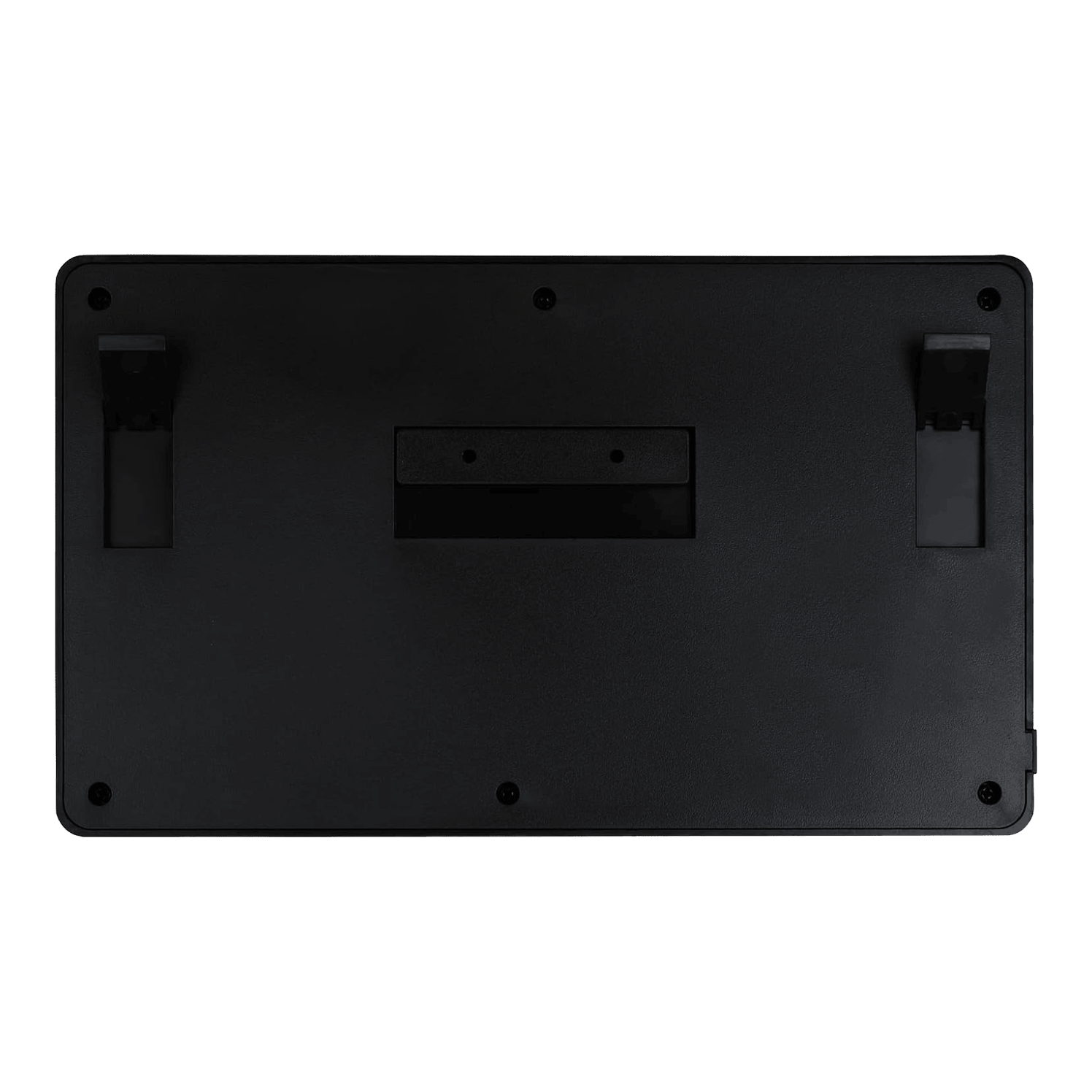 Contatore di freccette XQMax Dublin Das Bild zeigt die Rückseite des XQMax Dublin Dart Counter. Die Oberfläche ist schwarz mit zwei ausklappbaren Ständern und mehreren Befestigungspunkten.