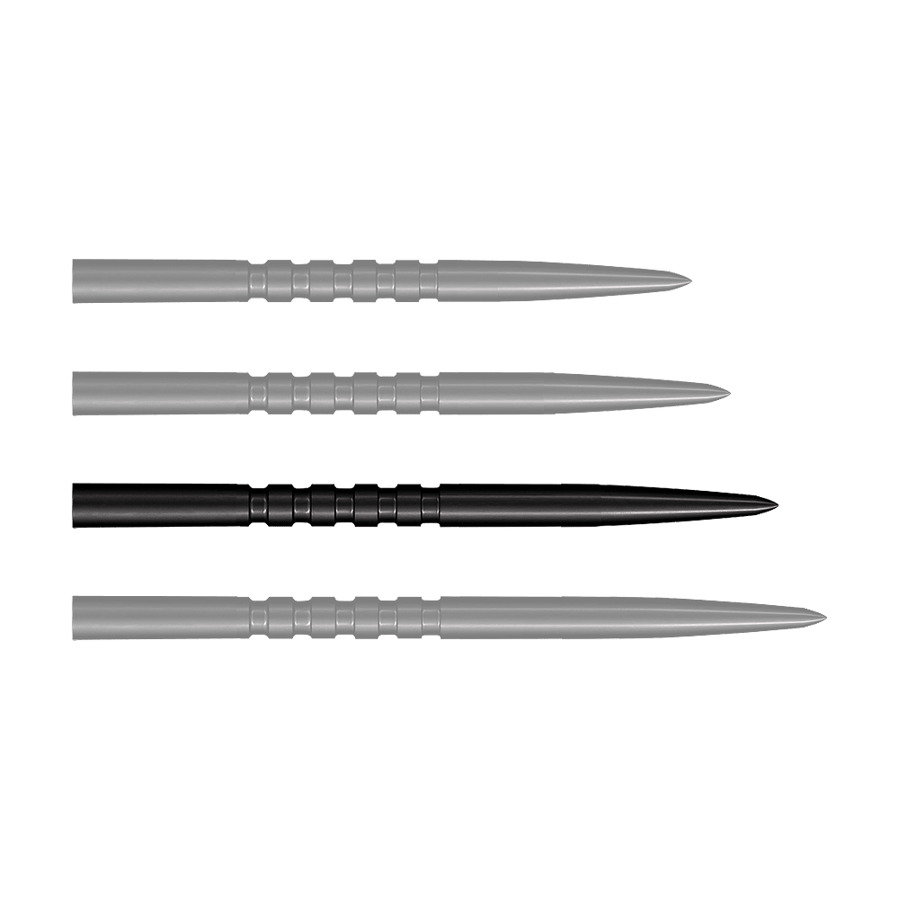 Das Bild zeigt vier schwarze Stahlspitzen für Steeldarts, die nebeneinander liegen. Jede Spitze ist 38 mm lang und hat gerillte Griffzonen.