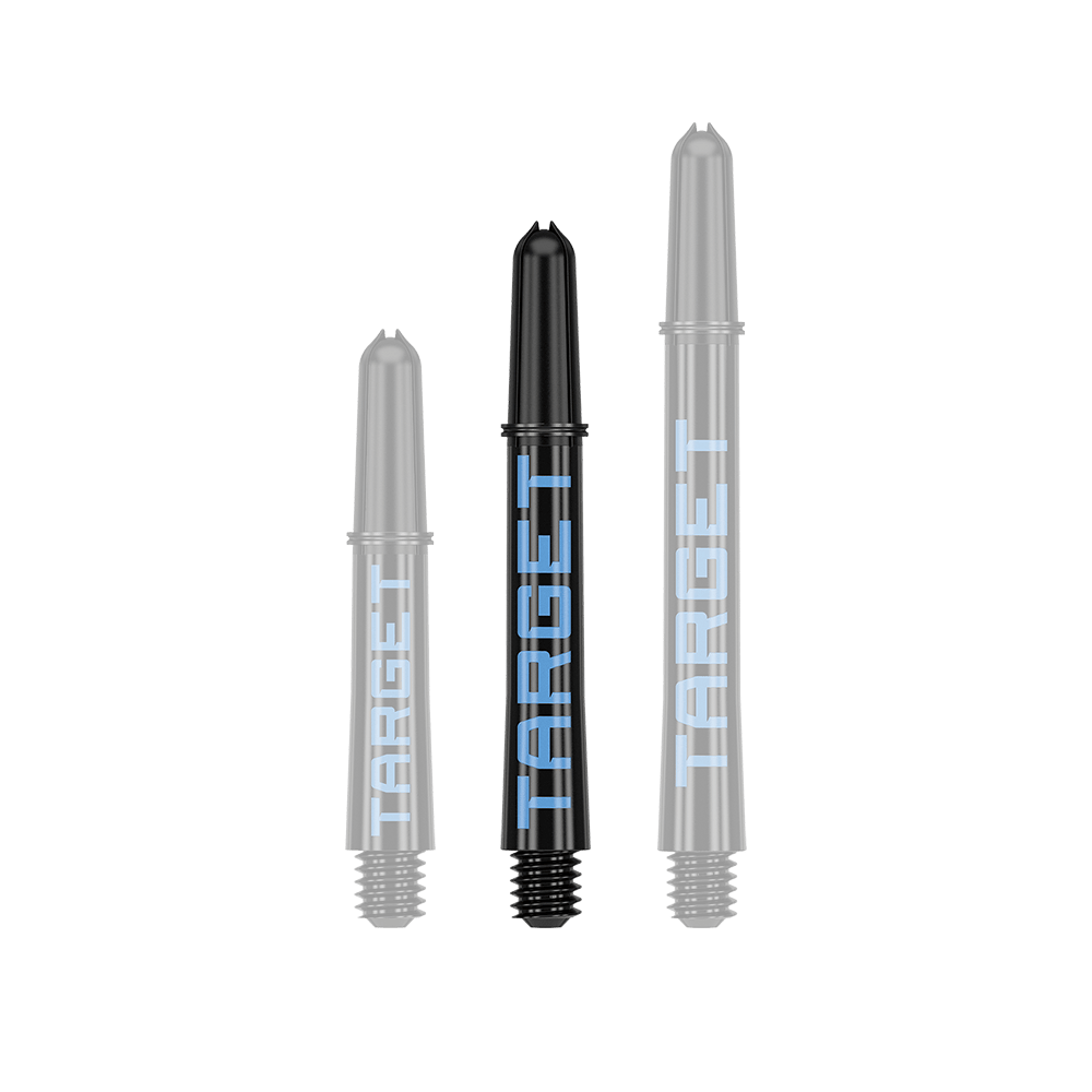 Aste Target Pro Grip TAG - 3 set - Nero Blu Das Bild zeigt drei schwarze Dartschäfte in unterschiedlicher Länge mit blauer Aufschrift "TARGET". Sie sind in einer Reihe nebeneinander angeordnet.
