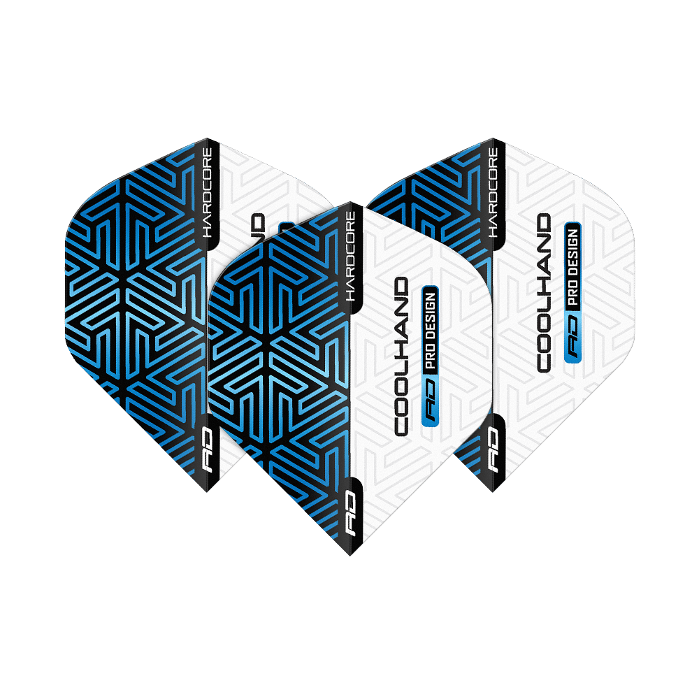 Voli standard premium blu bianco Red Dragon Hardcore Luke Humphries Das Bild zeigt vier Dart-Flights in Blau und Weiß mit geometrischem Muster. Auf den Flights stehen die Wörter "HARDCORE", "COOLHAND" und "RD PRO DESIGN".