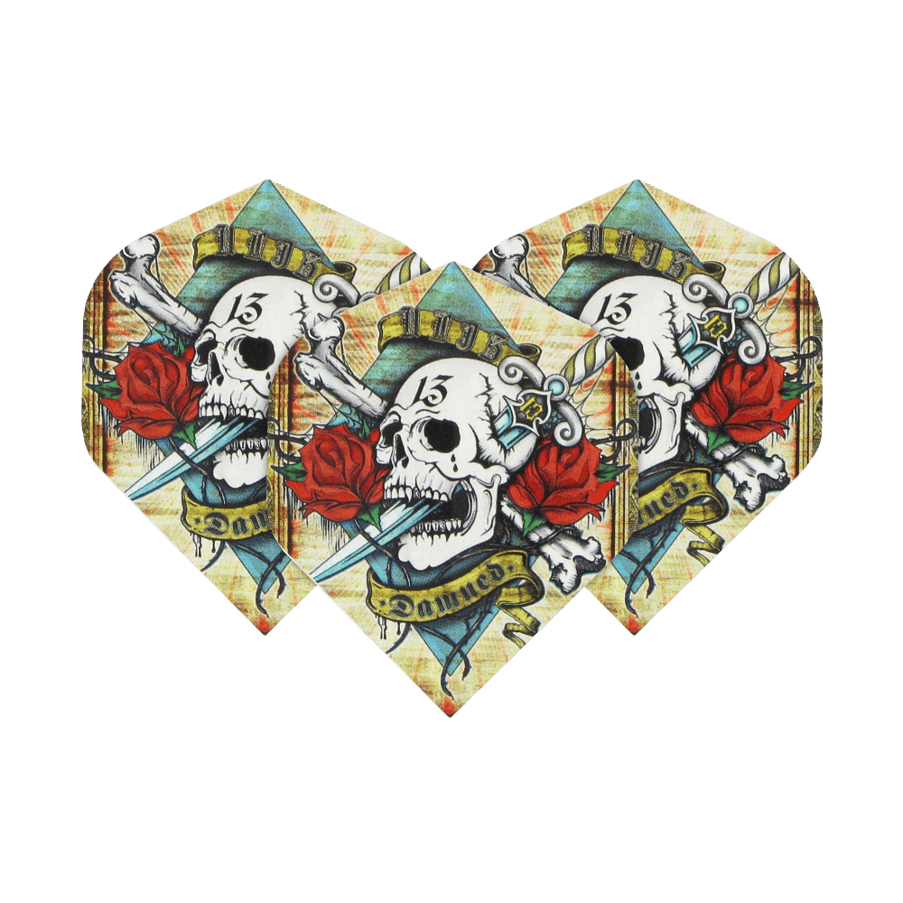 ALC4_Alchemy_Damned_Standard_Flights_1wKRhWTzAGpLOA Das Bild zeigt drei Dart-Flights mit einem Totenkopf, einer roten Rose und einem Dolch als Motiv. Auf jedem Flight steht das Wort „Damned“ auf einem Banner.