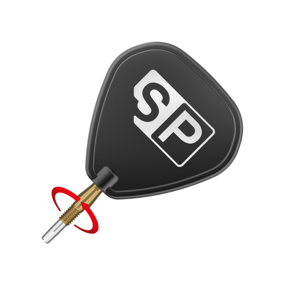 Punte per freccette Target Swiss Storm Diamond Point - Oro Das Bild zeigt eine schwarze Dartflügel mit der Aufschrift "SP" in weiß. Daran ist eine goldene Dartspitze befestigt.