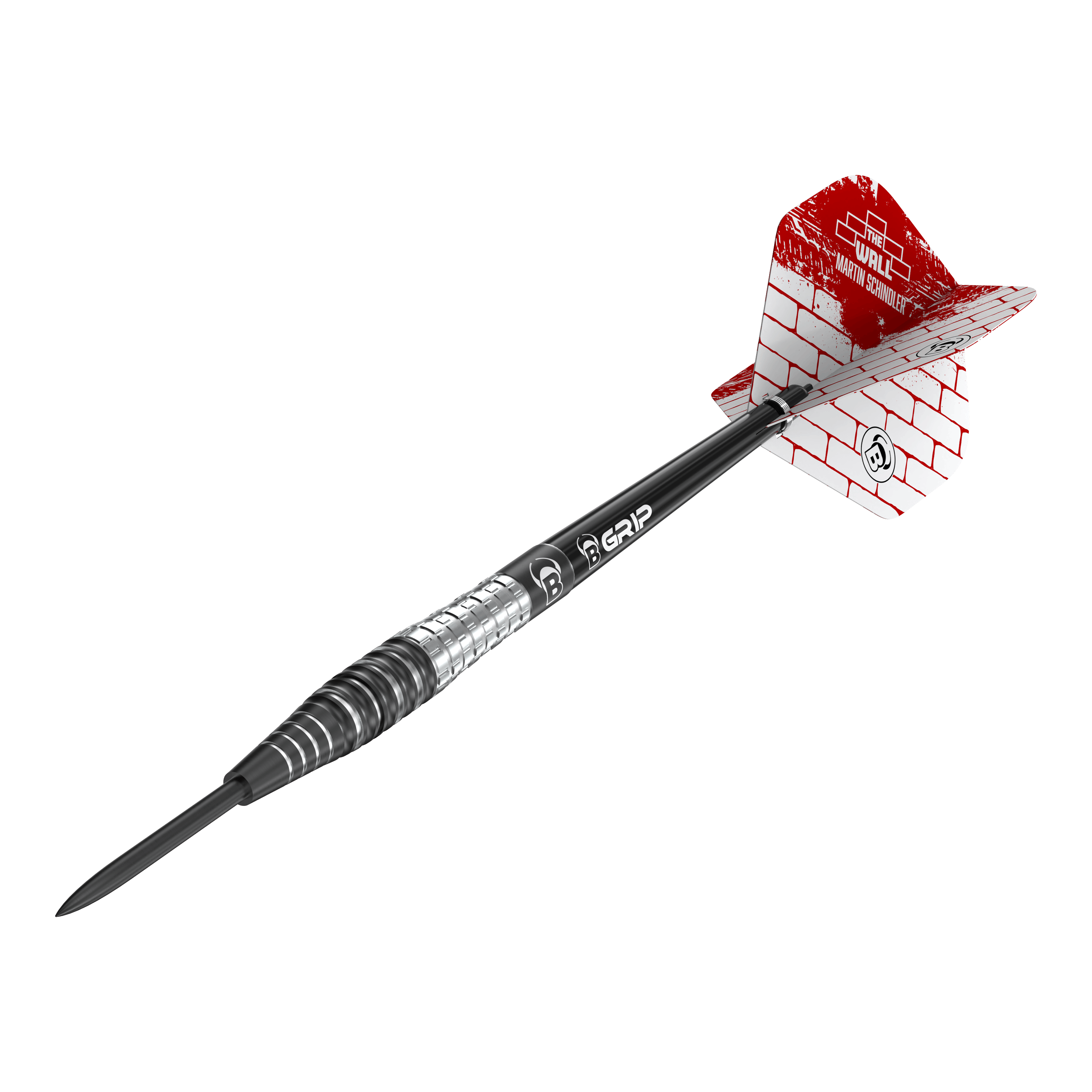 Bulls Martin Schindler Original Generation 3 freccette in acciaio Das Bild zeigt einen Steeldartpfeil der Marke "Bulls Martin Schindler Original Generation 3". Der Dartpfeil hat eine schwarz-silberne Spitze und Flight mit rotem Mauer-Design.