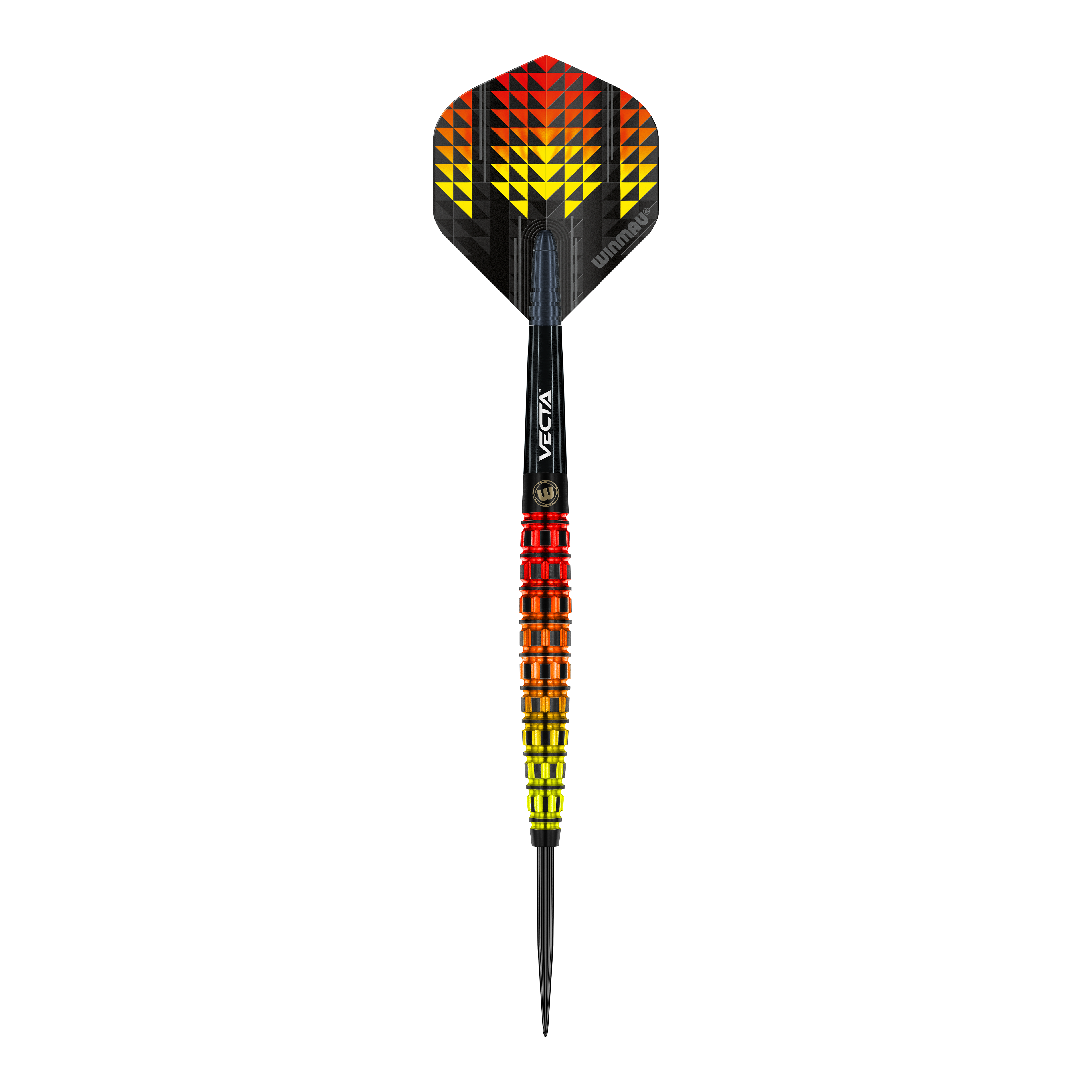 Dardi in acciaio affusolati Winmau Firestorm Flame Der Winmau Firestorm Flame Tapered Steeldart hat ein auffälliges Design mit gelben, orangefarbenen und roten Farbverläufen. Die Flights zeigen ein geometrisches Muster in denselben Farben und geben dem Dart ein flammendes Aussehen.