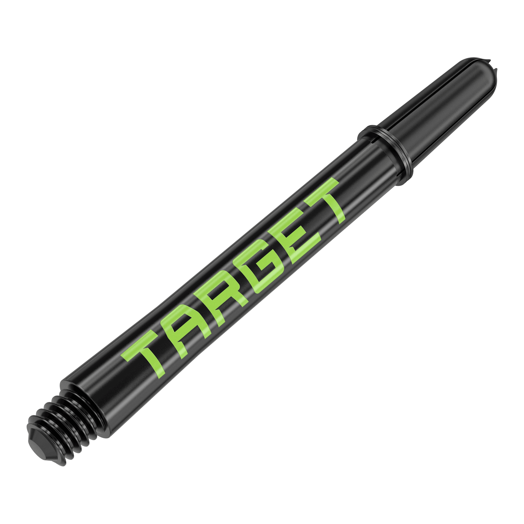 Aste Target Pro Grip TAG - 3 set - Nero Verde Zwei Dart-Schäfte in harmonischer Anordnung werden präsentiert. Die Linie und das Profil der Produkte sind markant.