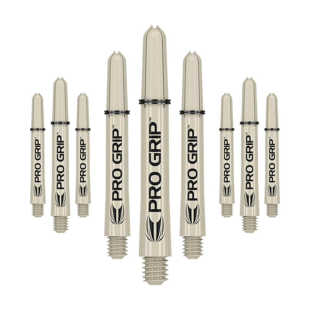 Auf dem Bild sind neun beige Dartschäfte mit der Aufschrift "PRO GRIP" zu sehen. Sie sind in einer Reihe angeordnet und haben ein Schraubgewinde am unteren Ende.