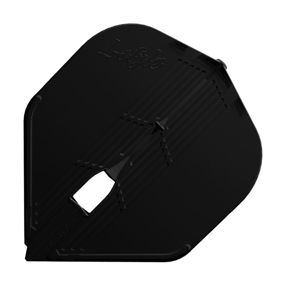L-Style KAMI L1PRO Flights Das Bild zeigt ein schwarzes Dartflight mit strukturierter Oberfläche und der Aufschrift "L-Style". In der Mitte befindet sich eine kleine rechteckige Öffnung.