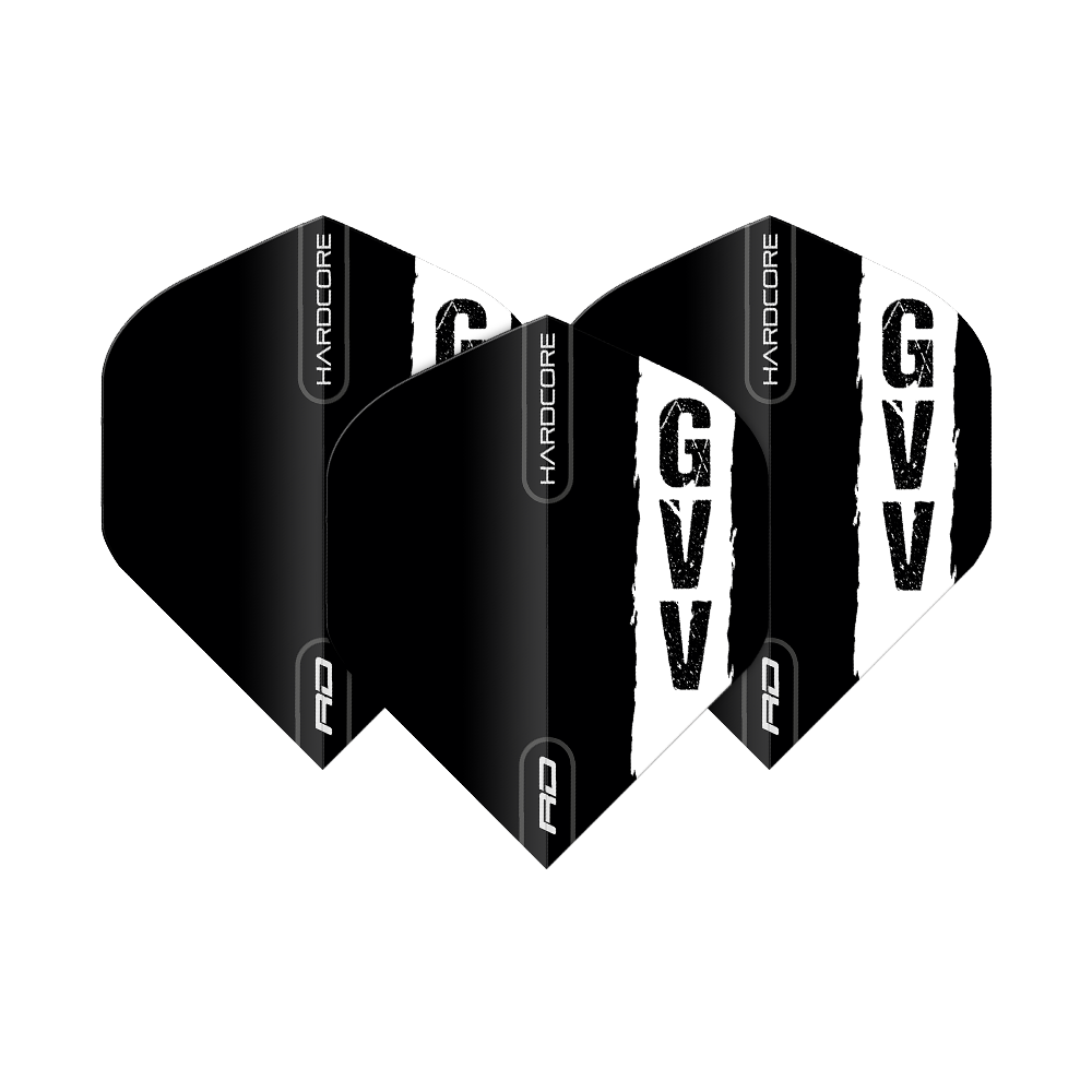 Voli standard con logo nero Red Dragon Hardcore Gian Van Veen Das Bild zeigt drei schwarze Dartflights mit dem weißen Aufdruck "GVV" und dem Schriftzug "HARDCORE". Es handelt sich um das Produkt "Red Dragon Hardcore Gian Van Veen Black Logo Standard Flights".