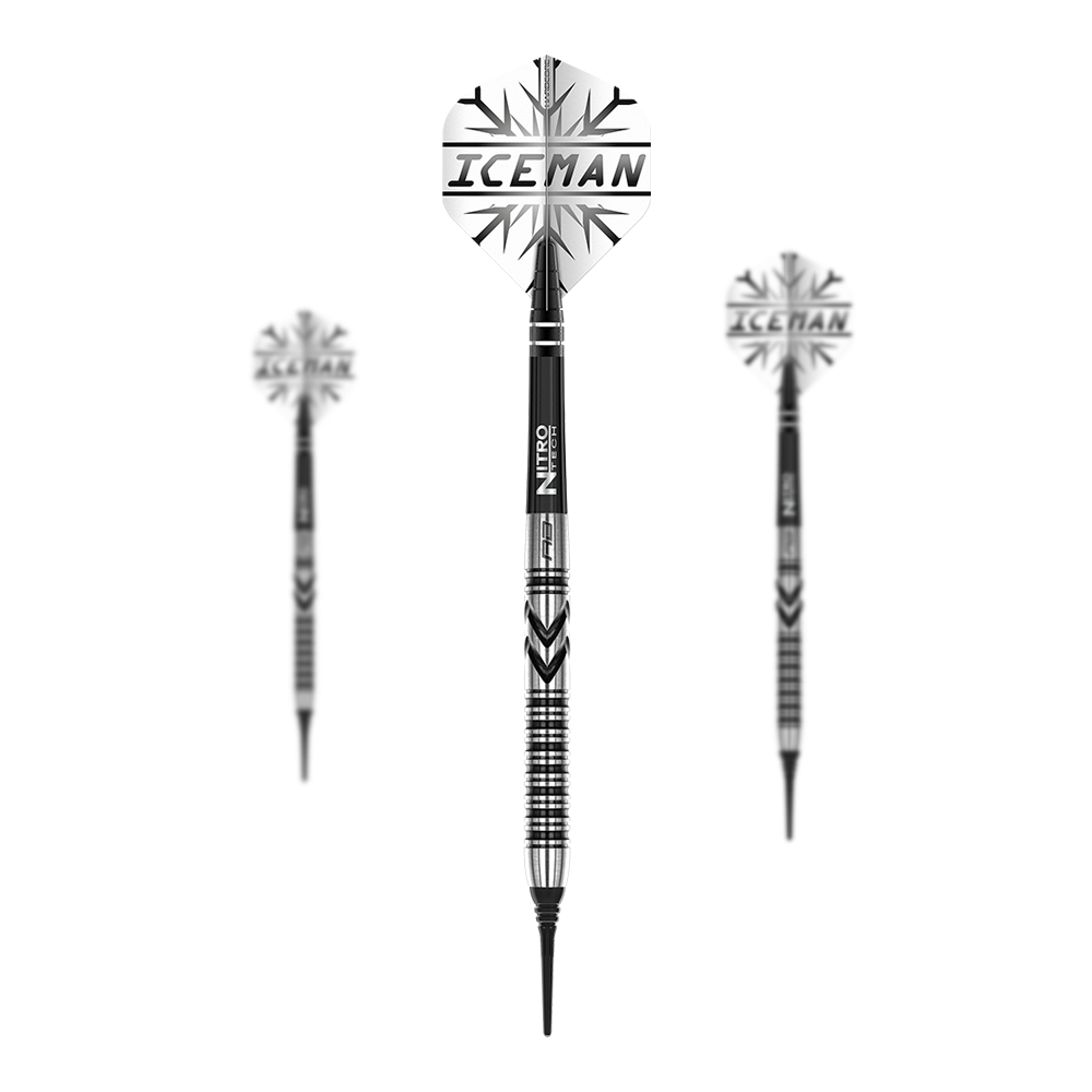 Red Dragon Gerwyn Price Thunderbolt Freccette Morbide - 20g Das Bild zeigt drei Softdarts des Modells "Red Dragon Gerwyn Price Thunderbolt - 20g". Auf den Flights steht "ICEMAN" und die Darts haben ein schwarz-silbernes Design.