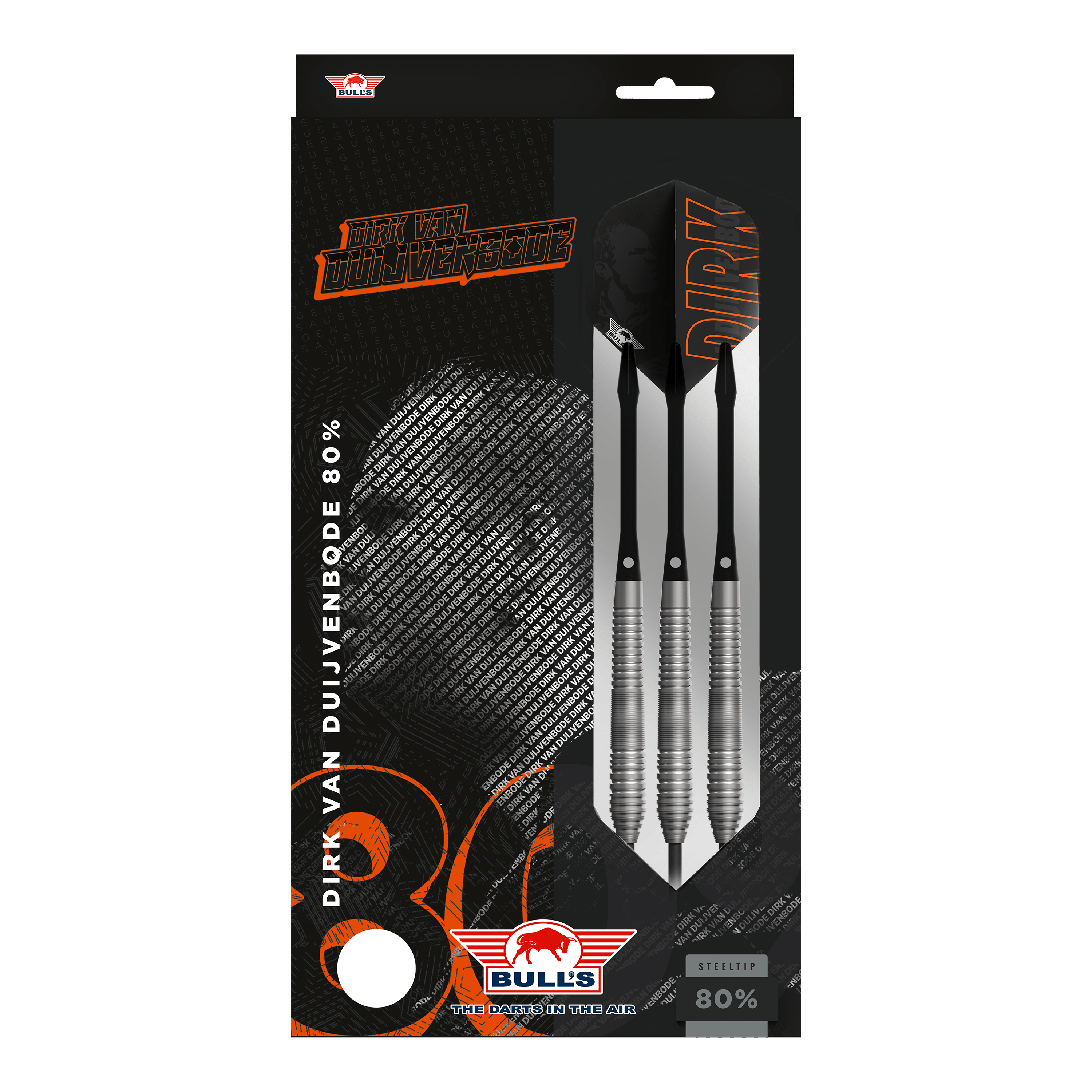 Bulls NL Dirk Van Duijvenbode 80 freccette in acciaio Auf dem Bild ist eine Verpackung der "Bulls NL Dirk Van Duijvenbode 80 Steeldarts" zu sehen. Die Packung zeigt drei silberne Steeldarts und enthält den Namen des Spielers sowie das Bulls-Logo.