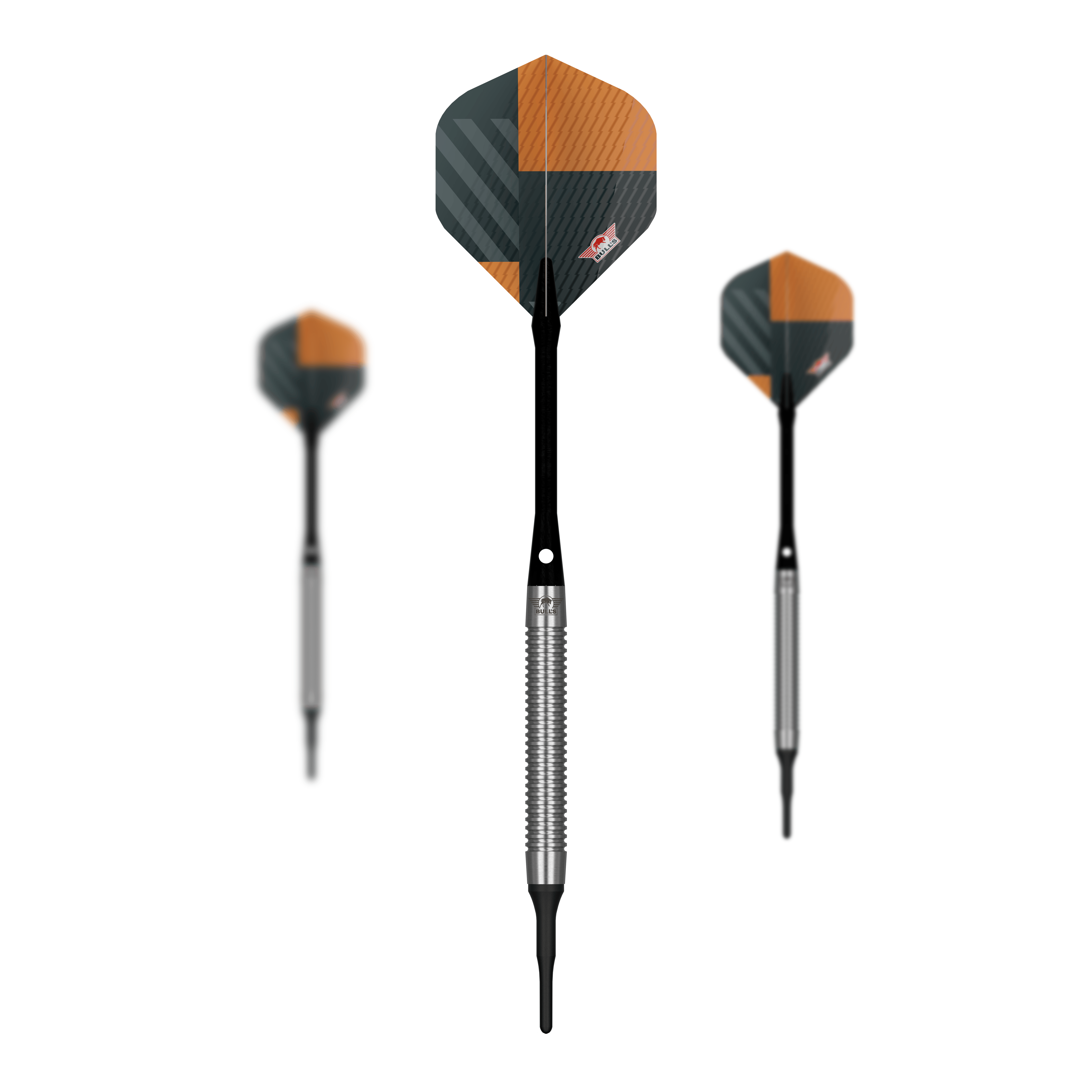 Freccette morbide Bulls NL Volt Orange - 18 g Zu sehen ist ein Set Bulls NL Volt Orange Softdarts - 18g. Mehrere Pfeile werden gemeinsam präsentiert.