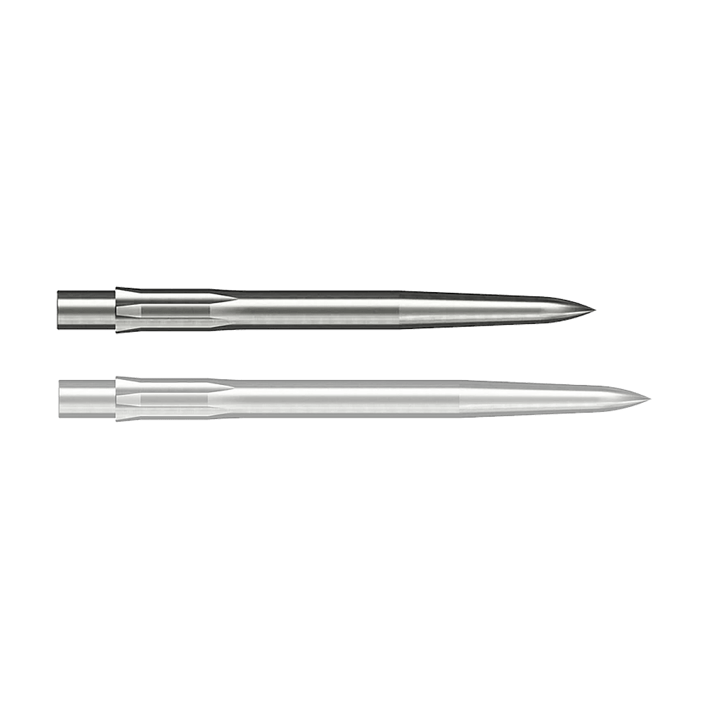 Punte per freccette in acciaio Caliburn System - Lisce - Argento Auf dem Bild sind zwei silberne, glatte Stahlspitzen für Darts zu sehen. Sie sind länglich geformt und haben eine spitze Vorderseite.