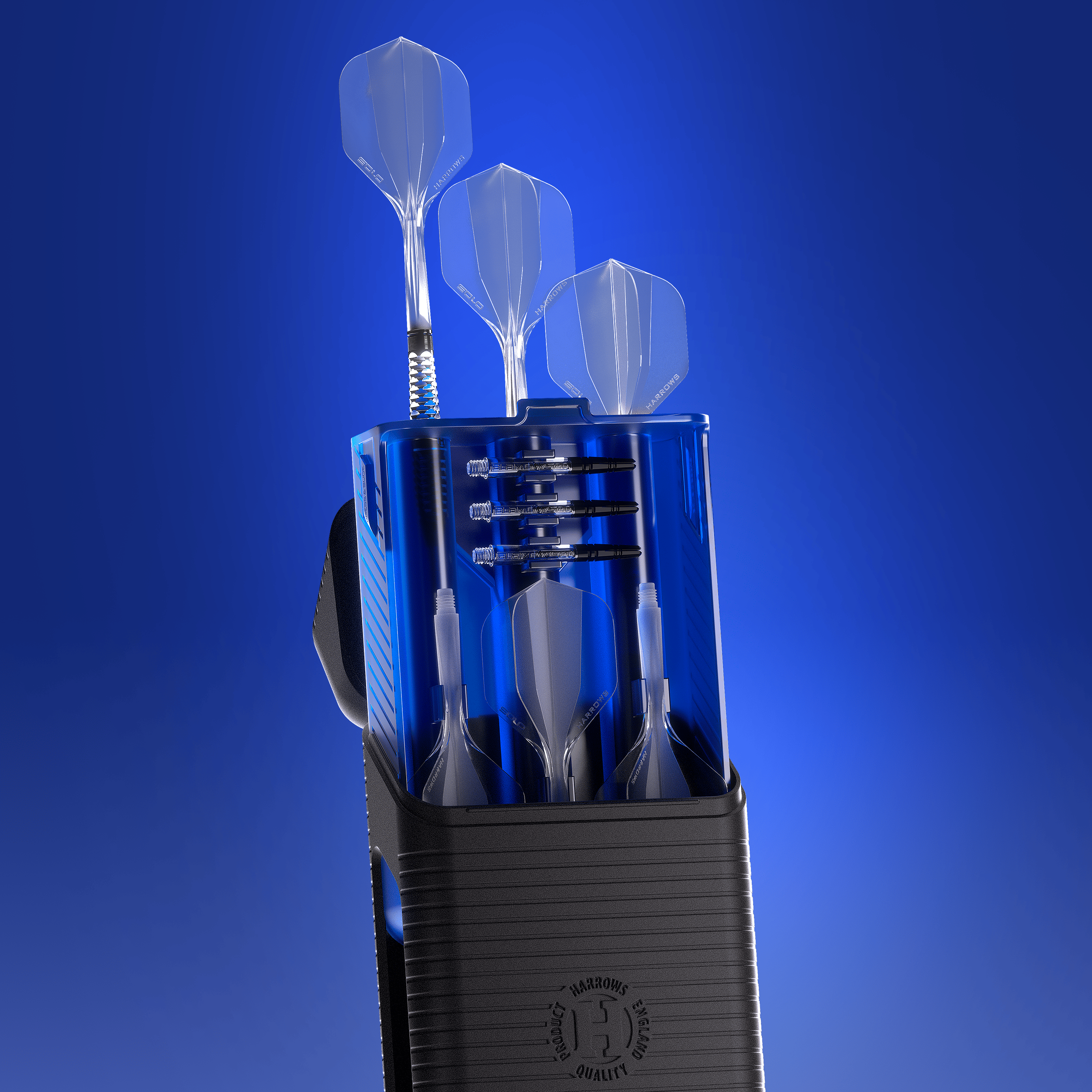 Das Bild zeigt eine Detailansicht des Harrows Vault Dartcase in Blau. Die Innenseite des Dartcases ist gut erkennbar.