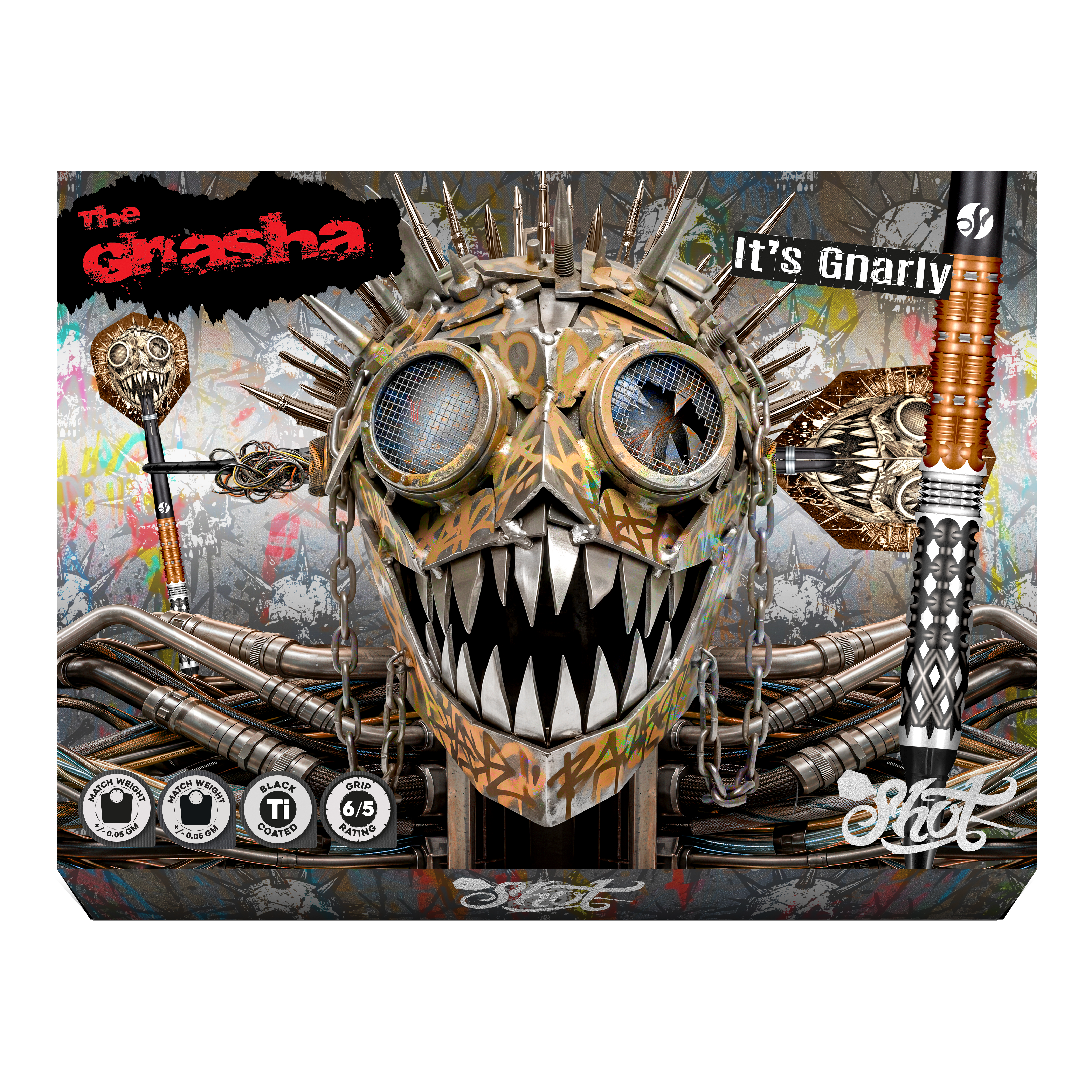 Freccette morbide Shot Gnarly Gnasha - 20 g Auf dem Bild befinden sich die Shot Gnarly Gnasha Softdarts - 20g. Die Darts sind für das Spielen mit elektronischen Dartboards geeignet.