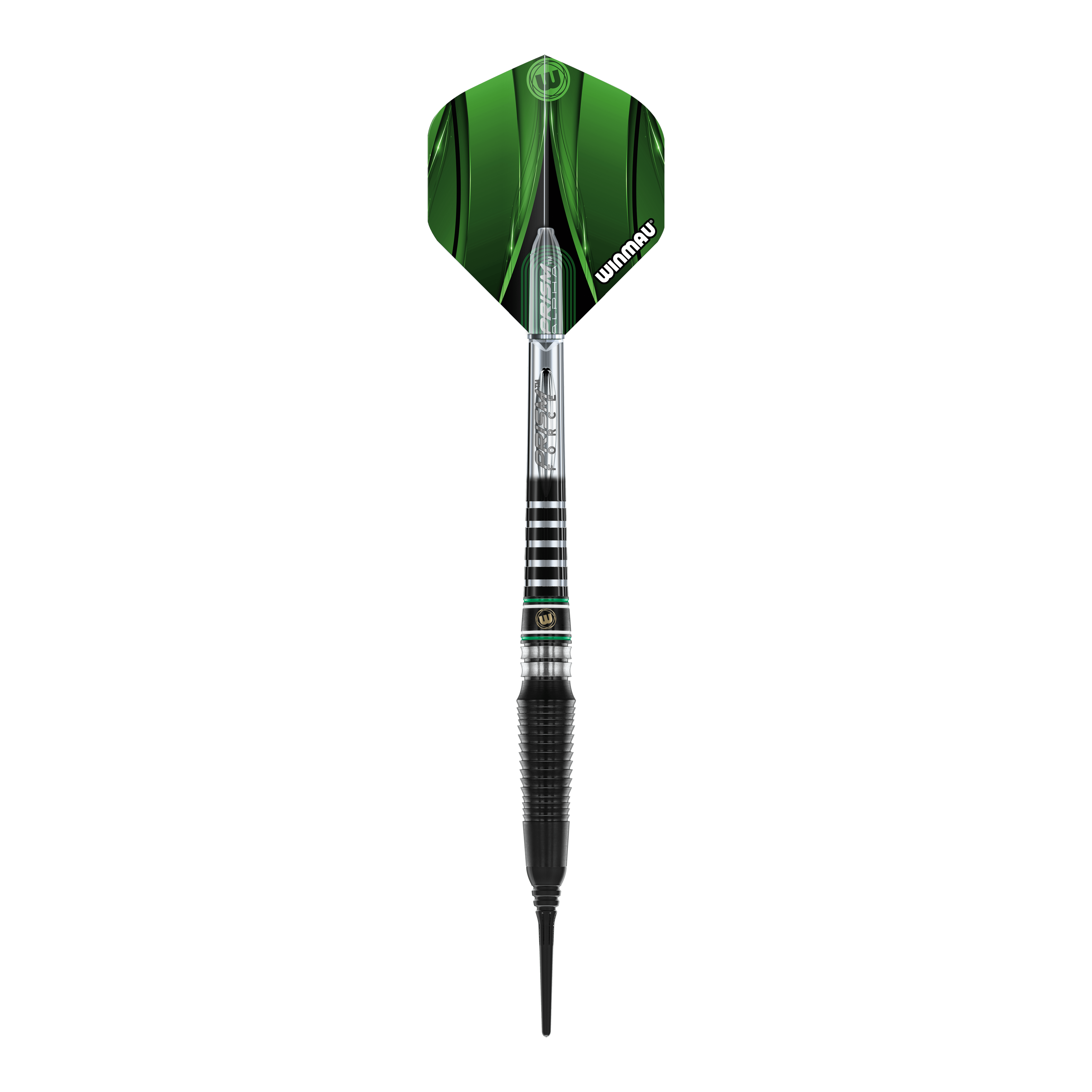 Freccette morbide Winmau Sniper Black 2025 - 20 g Das Bild zeigt einen Winmau Sniper Black 2025 Softdart mit einem Gewicht von 20g. Der Dart hat schwarze und silberne Elemente sowie rote und grüne Akzente am Schaft.