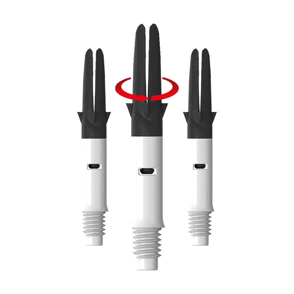 L-L-Style-Shaft Carbon Silent Straight - Bianco Das Bild zeigt drei weiße und schwarze Dartshafts nebeneinander. Über dem mittleren Shaft ist ein roter Pfeil, der eine Drehbewegung anzeigt.