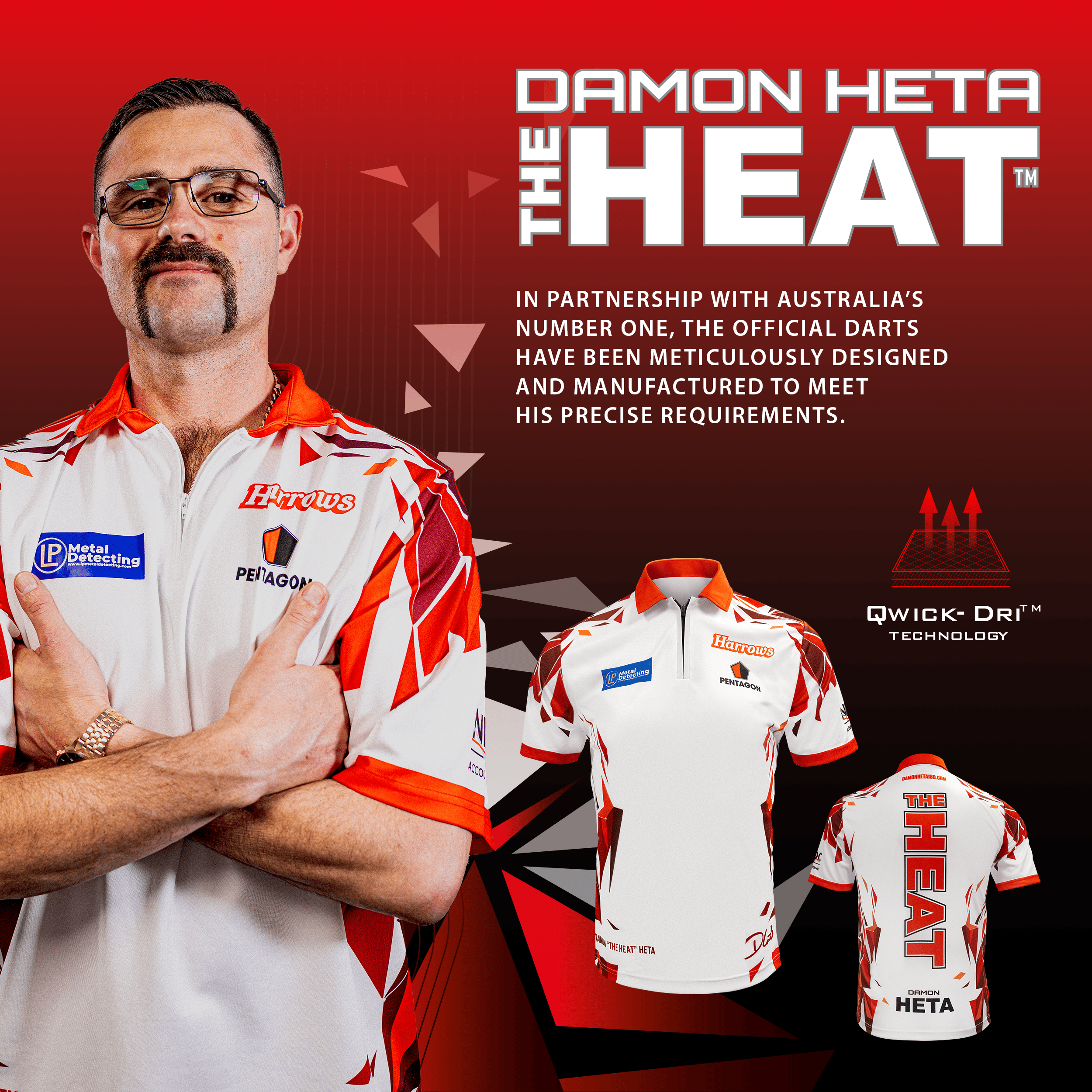 Maglietta del giocatore Damon Heta di Harrow Das Bild zeigt das Harrows Damon Heta Playershirt. Es handelt sich um ein original Dartspielertrikot.