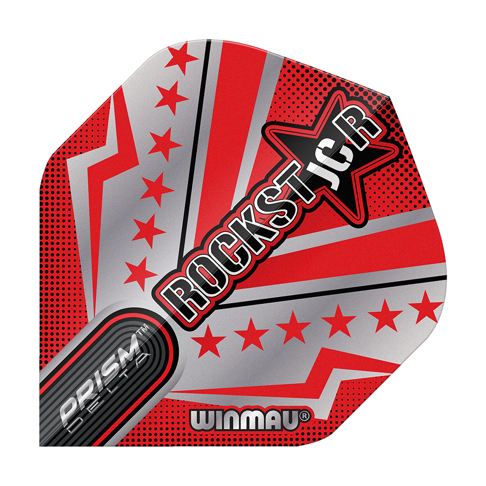 Voli standard Winmau Prism Delta Joe Cullen Rockstar Series No2 Das Bild zeigt ein Dartflight mit auffälligem roten und silbernen Design und mehreren Sternen. In der Mitte steht groß das Wort „ROCKSTAR“ neben einem Stern, darunter befinden sich die Markenaufschriften „PRISM DELTA“ und „WINMAU“.