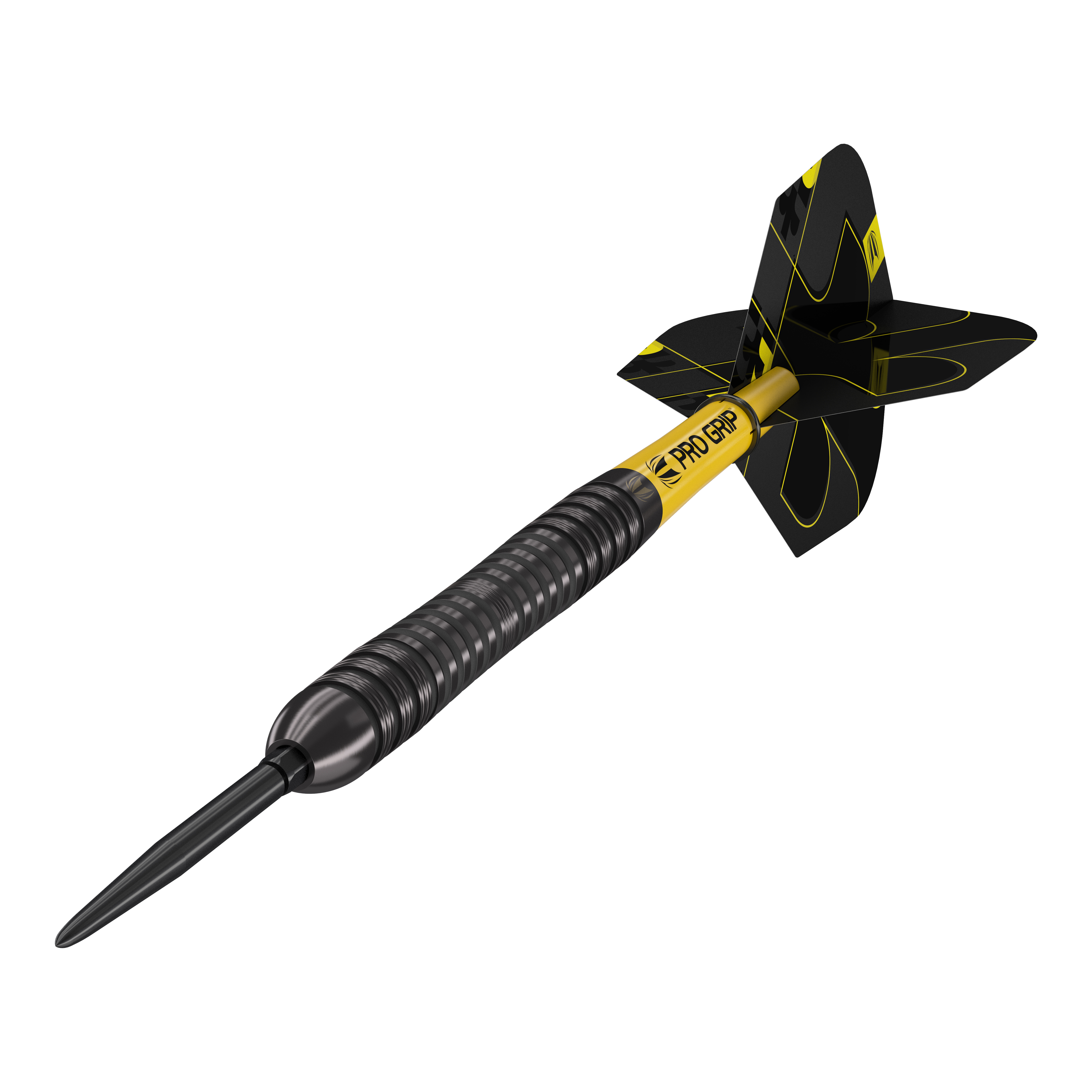 Freccette in acciaio Target Bolide Void 04 Swiss Point Das Bild zeigt einen Target Bolide Void 04 Swiss Point Steeldart. Der Dart ist schwarz-gelb und hat eine strukturierte Griffzone sowie schwarze Flights mit gelben Linien.