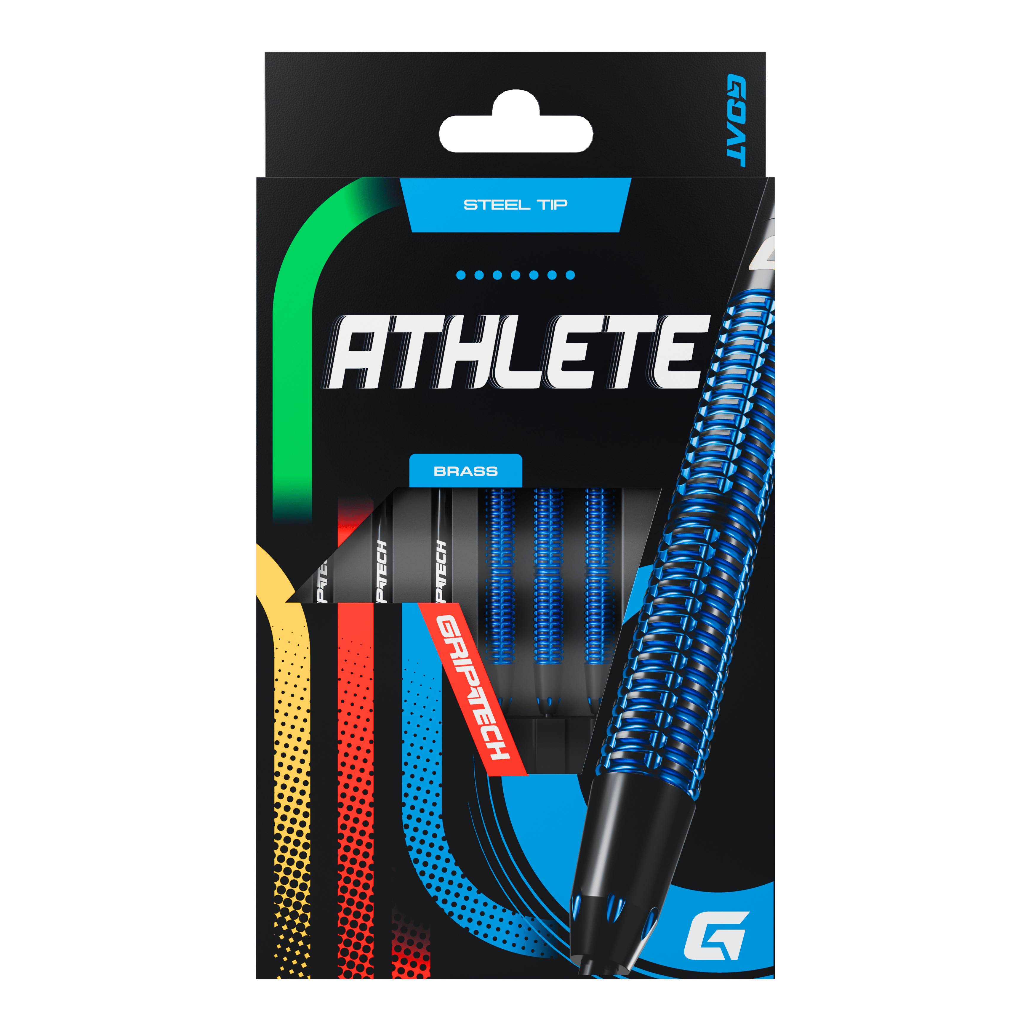 Freccette in acciaio GOAT Athlete Blue Brass - 12 g Die Abbildung zeigt die Verpackung der GOAT Athlete Blue Brass Steeldarts mit einem Gewicht von 12g. Auf der Verpackung sind blaue, strukturierte Darts sowie die Aufschrift "ATHLETE" und "GRIPTECH" zu sehen.