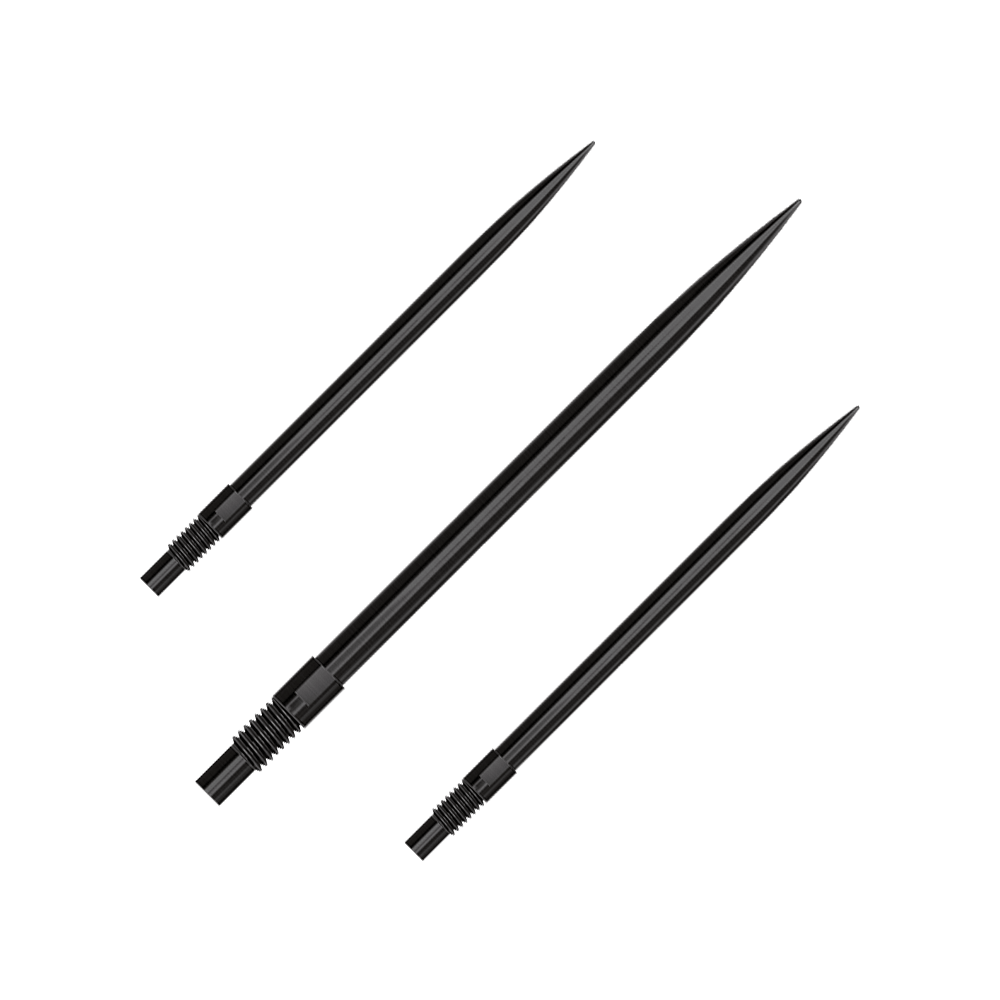 Ein Set aus schwarzen QuickPoint Dartspitzen mit 40 mm Länge. Die Dartspitzen liegen auf einer neutralen Oberfläche.