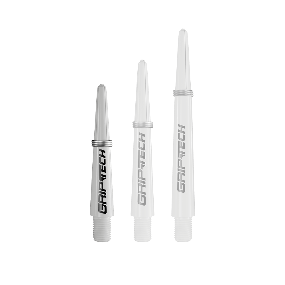 Alberi GOAT Griptech - Bianco Das Bild zeigt drei silberne Dartschäfte in verschiedenen Längen. Auf jedem Schaft steht das Wort "GRIPTECH".