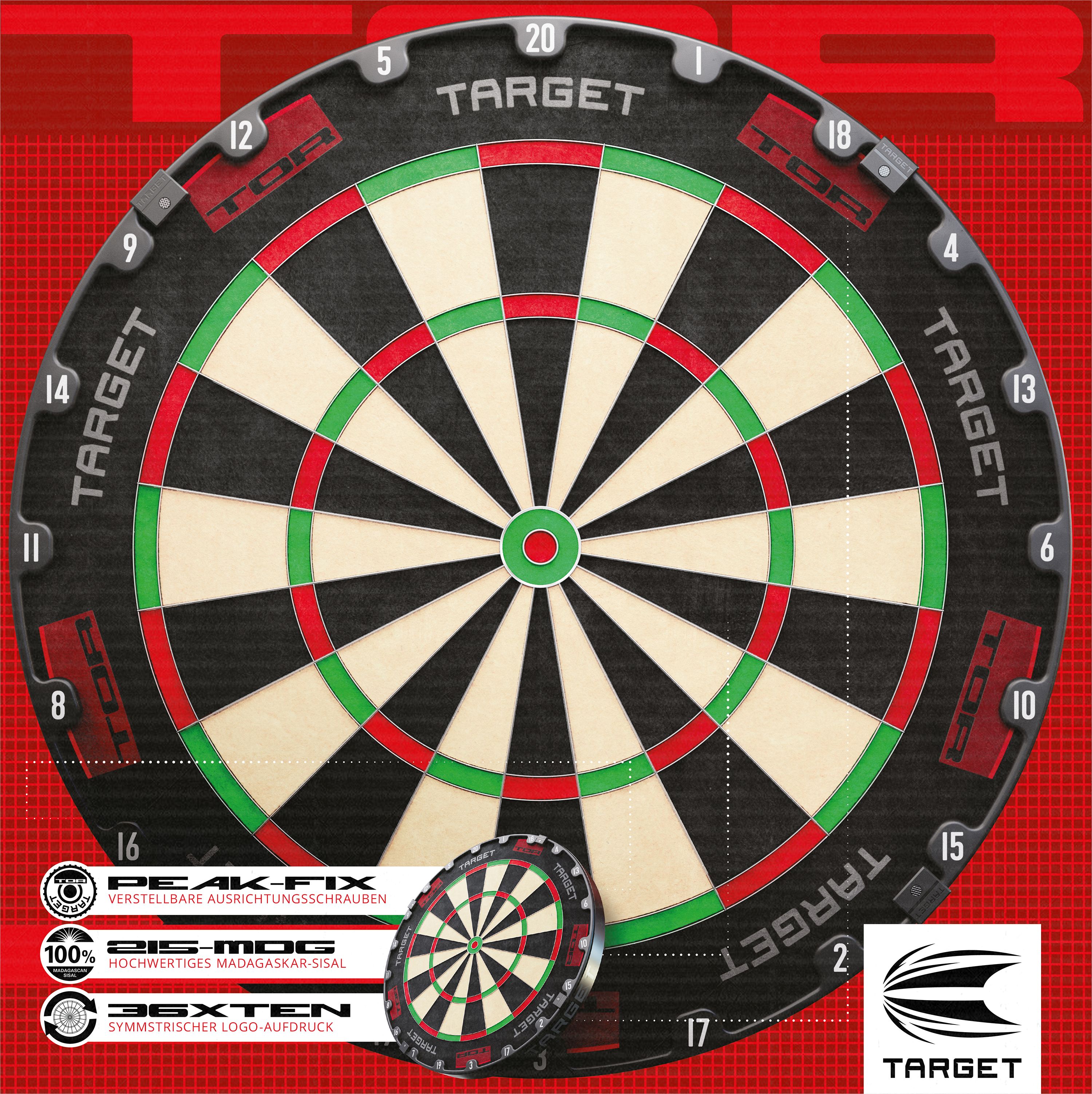 Target per freccette in acciaio Target TOR Target TOR Steeldartboard ist als klassisches Dartboard zu sehen. Die Zahlen und Segmente sind klar sichtbar.