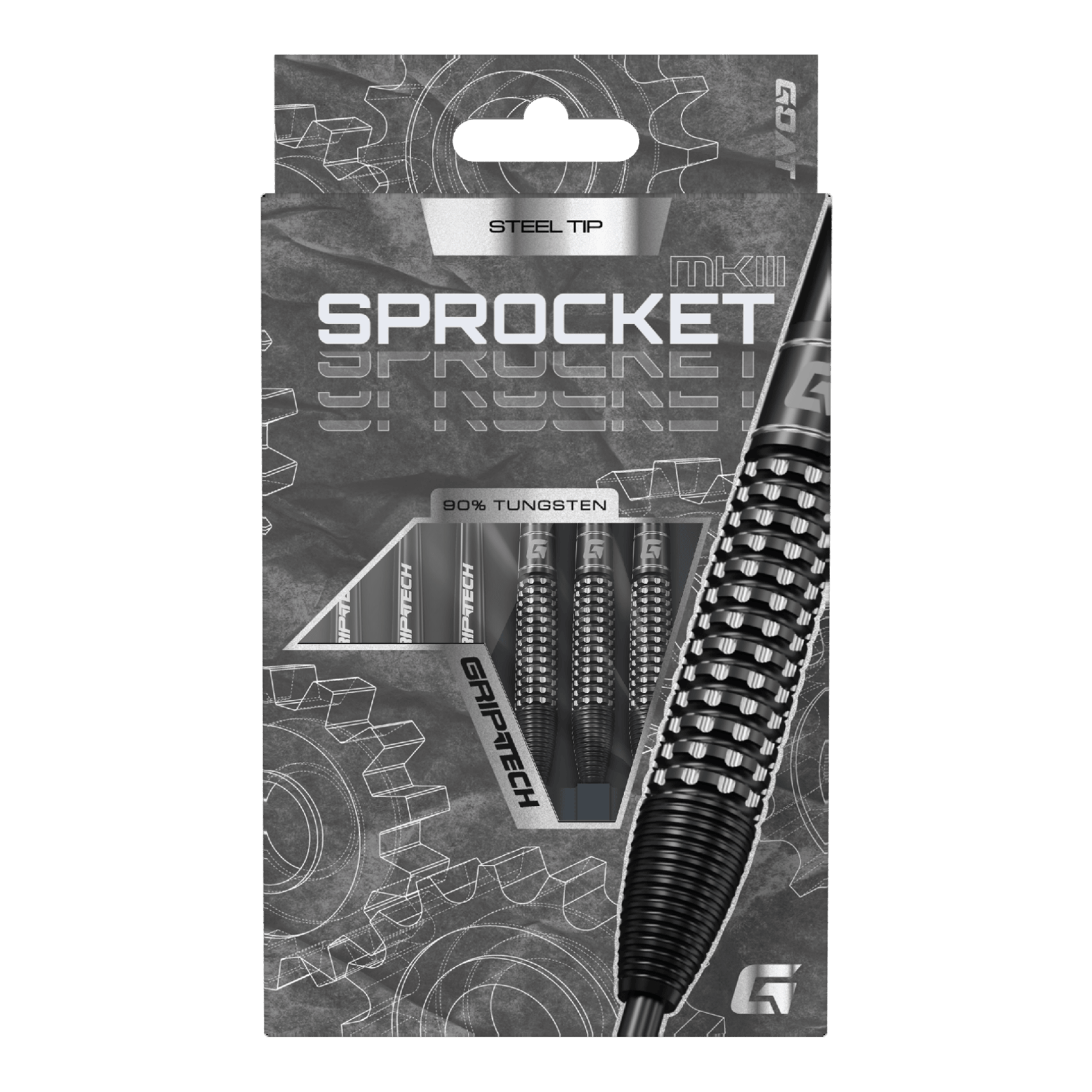 DArdi in acciaio GOAT Sprocket MKIII Bomb Das Produkt GOAT Sprocket MKIII Bomb Steeldarts wird präsentiert. Der Steeldartpfeil ist in Nahaufnahme dargestellt.
