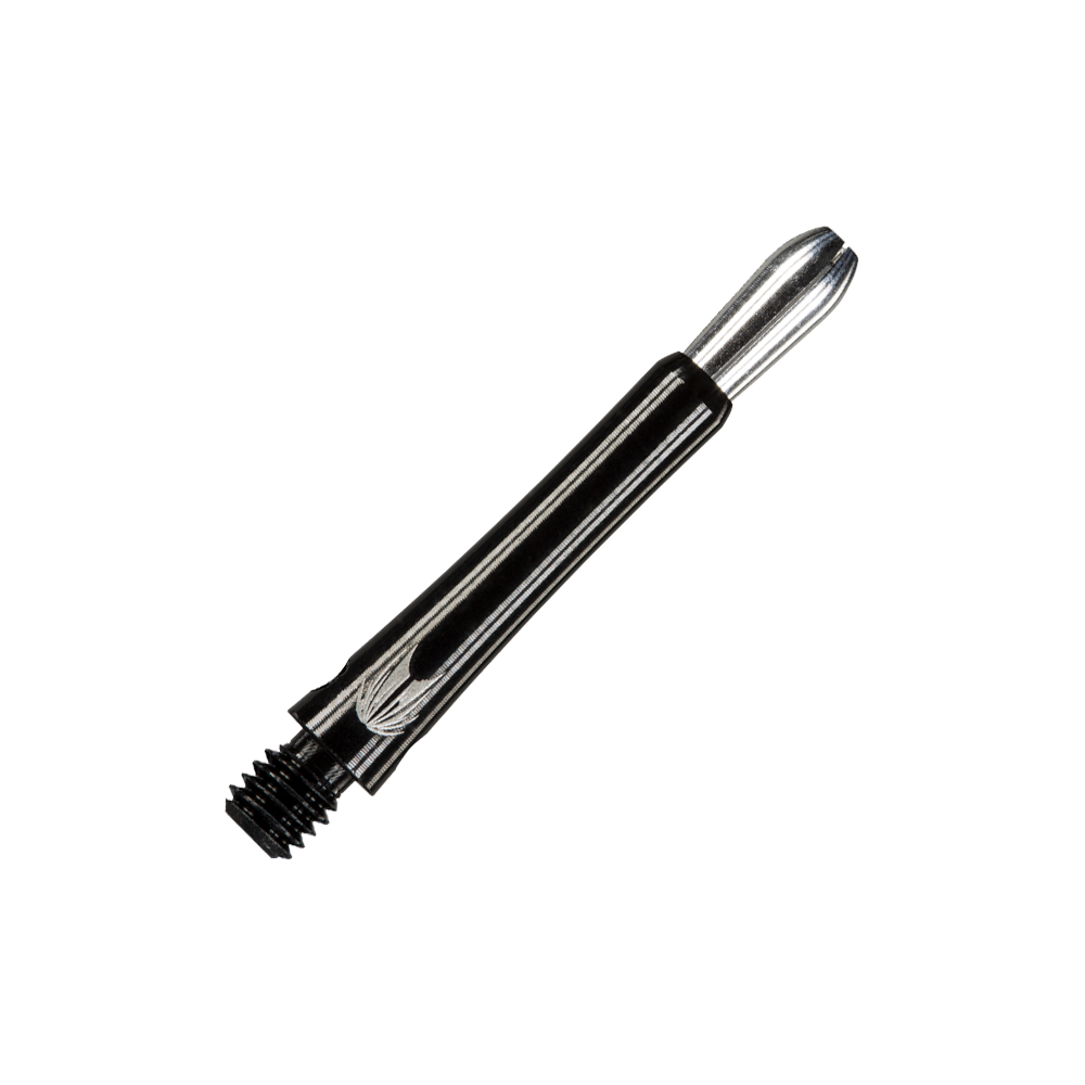 146230_Target_Grip_Style_Aluminium_Shafts_Schwarz_348mm_2 Das Bild zeigt einen schwarzen Aluminium-Dartschaft mit silbernem Spitzenende. Der Schaft hat ein Schraubgewinde am unteren Ende.