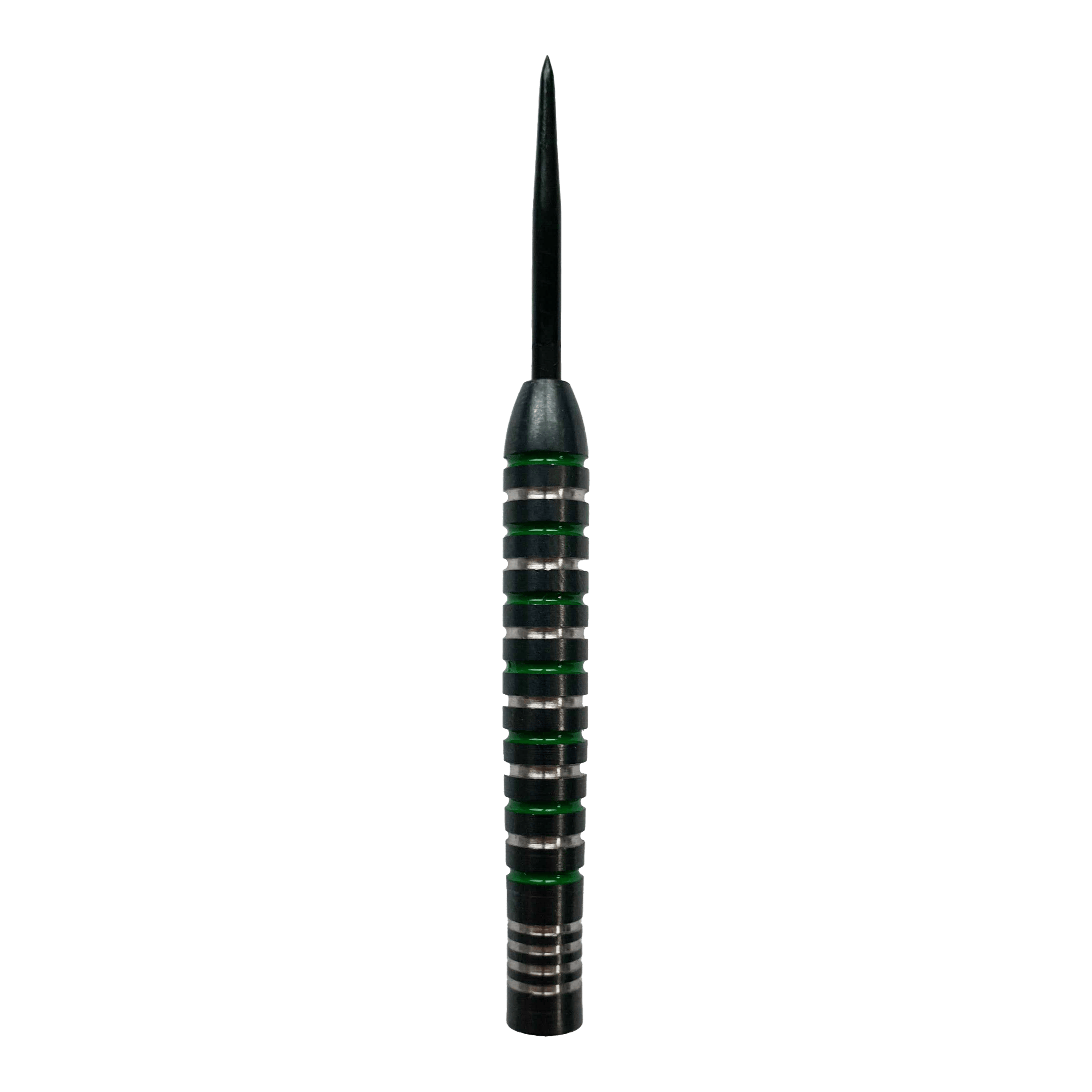Barili per freccette in acciaio verde argento McDart Das Bild zeigt ein McDart Silver Green Steeldart Barrel. Der Dartpfeil hat silberne Ringe mit grünen Akzenten entlang des Griffbereichs.