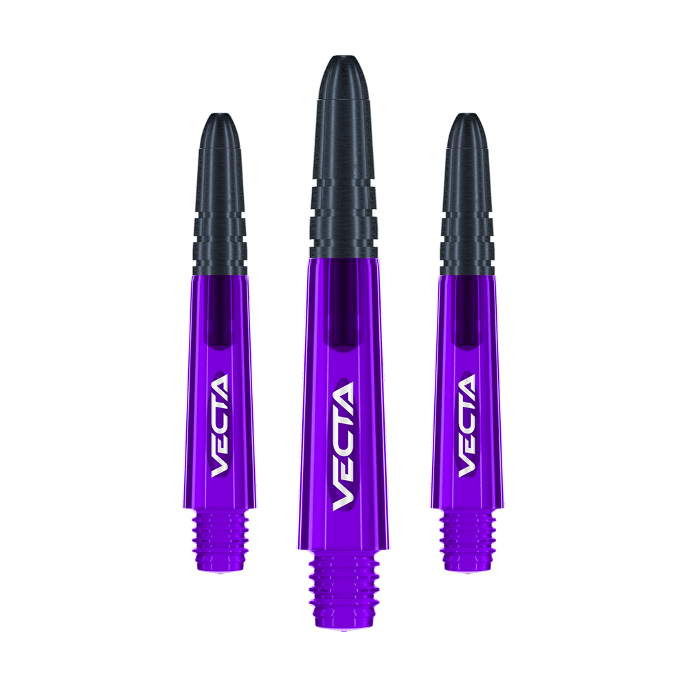 Winmau Vecta Shafts - Viola Nero Auf dem Bild sind drei lilafarbene und schwarze Dartschäfte der Marke Vecta zu sehen. Die Schäfte sind 34 mm lang und werden als Set geliefert.