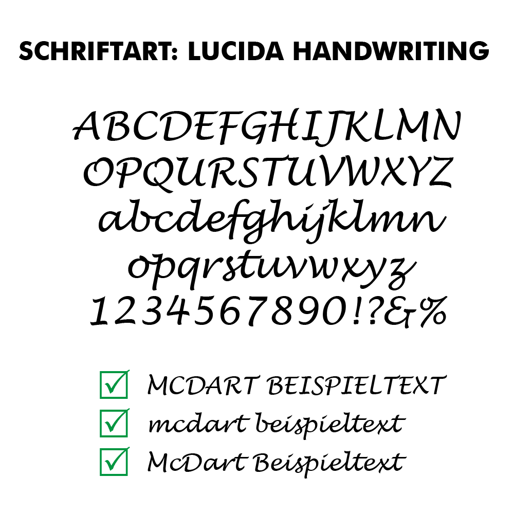 Flightdruck_Schriftart_LucidaHandwritingeLqD3vwHOj3BJ Das Bild zeigt die Schriftart "Lucida Handwriting" mit Beispielen für Groß- und Kleinbuchstaben, Zahlen und Sonderzeichen. Unten sind drei Textbeispiele mit Häkchen illustriert, die verschiedene Schreibweisen im gewählten Schriftstil zeigen.