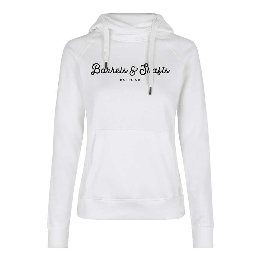Felpa con cappuccio da donna Barrels and Shafts - bianca Dies ist ein weißer Damen-Hoodie mit Kapuze und Kängurutasche. Auf der Vorderseite steht der Text "Barrels & Shafts Darts Co".