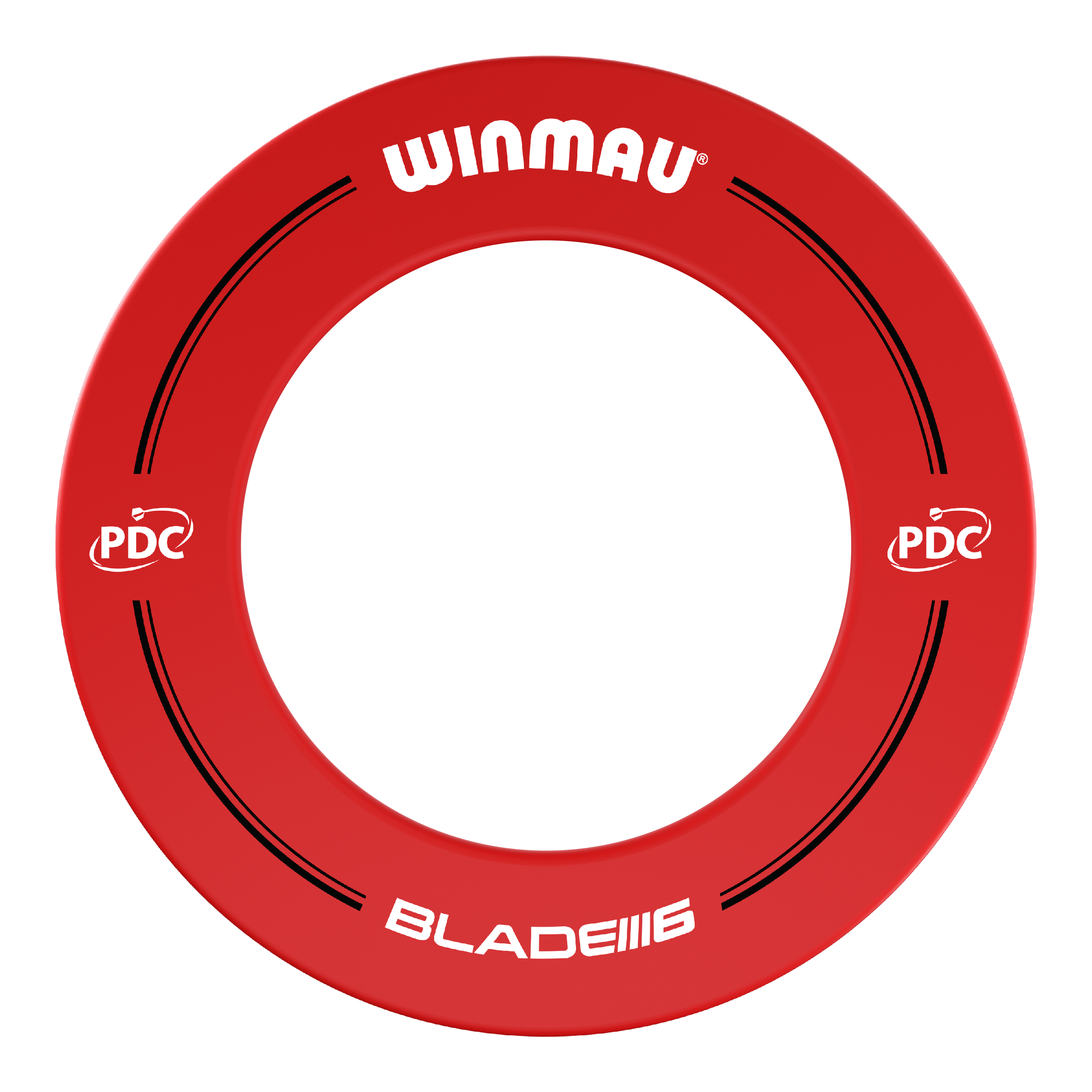 Winmau PDC Dartboard Surround - Rosso Das Bild zeigt einen roten Dartboard-Surround der Marke Winmau mit der Aufschrift "BLADE 6". Auf dem Ring sind außerdem PDC-Logos und schwarze Designelemente zu sehen.