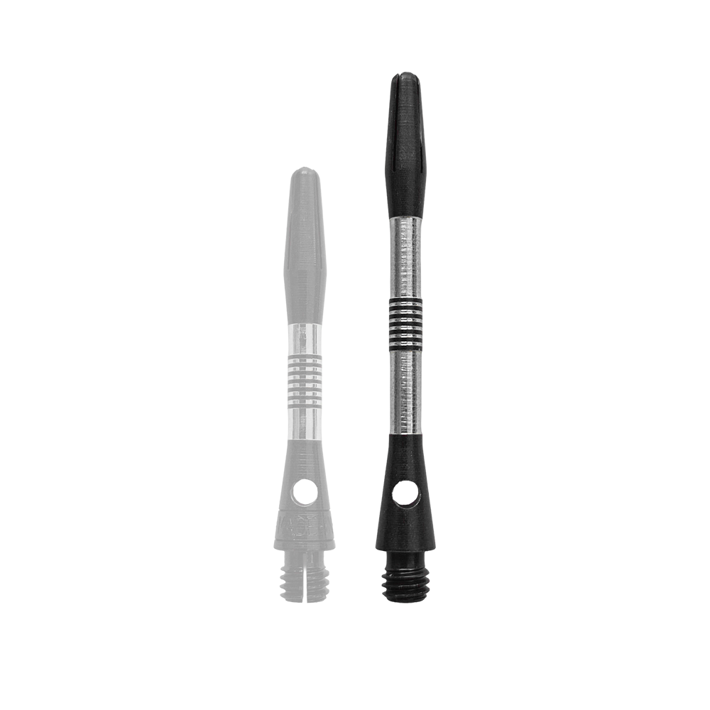 Aste in alluminio Bulls NL Cetra - Nere Gezeigt wird ein schwarzer Aluminium-Schaft für Dartpfeile. Der Schaft hat eine Länge von 34mm.